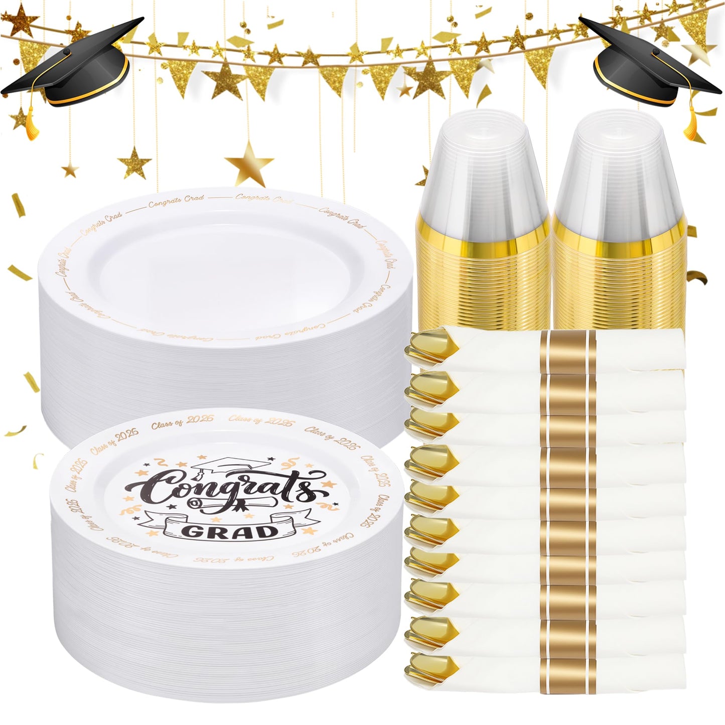 Goodluck 350 Piece Graduation Gold Plastic Dinnerware Set for 50 Guests, Congrats Grad Disposable Plates Include: 50 Dinner Plates, 50 Dessert Plates, 50 Cups, 50 Pre Rolled Napkins with Silverware