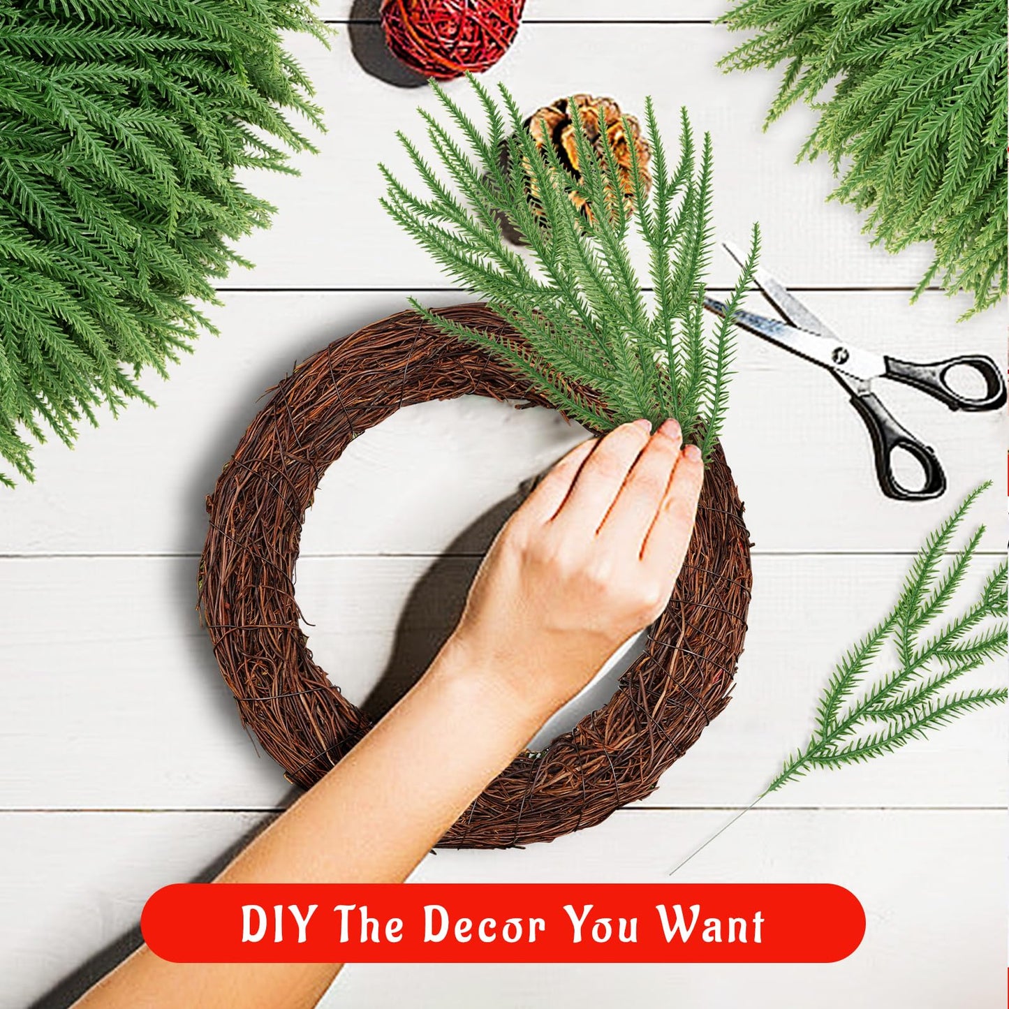 100 Pcs Christmas Norfolk Pine Branches, Christmas Greenery Stems, Artificial Pine Branches DIY Crafts Faux for Xmas Wreath Garland Indoor Outdoor Home Kitchen Garden Holiday Accessories Decor