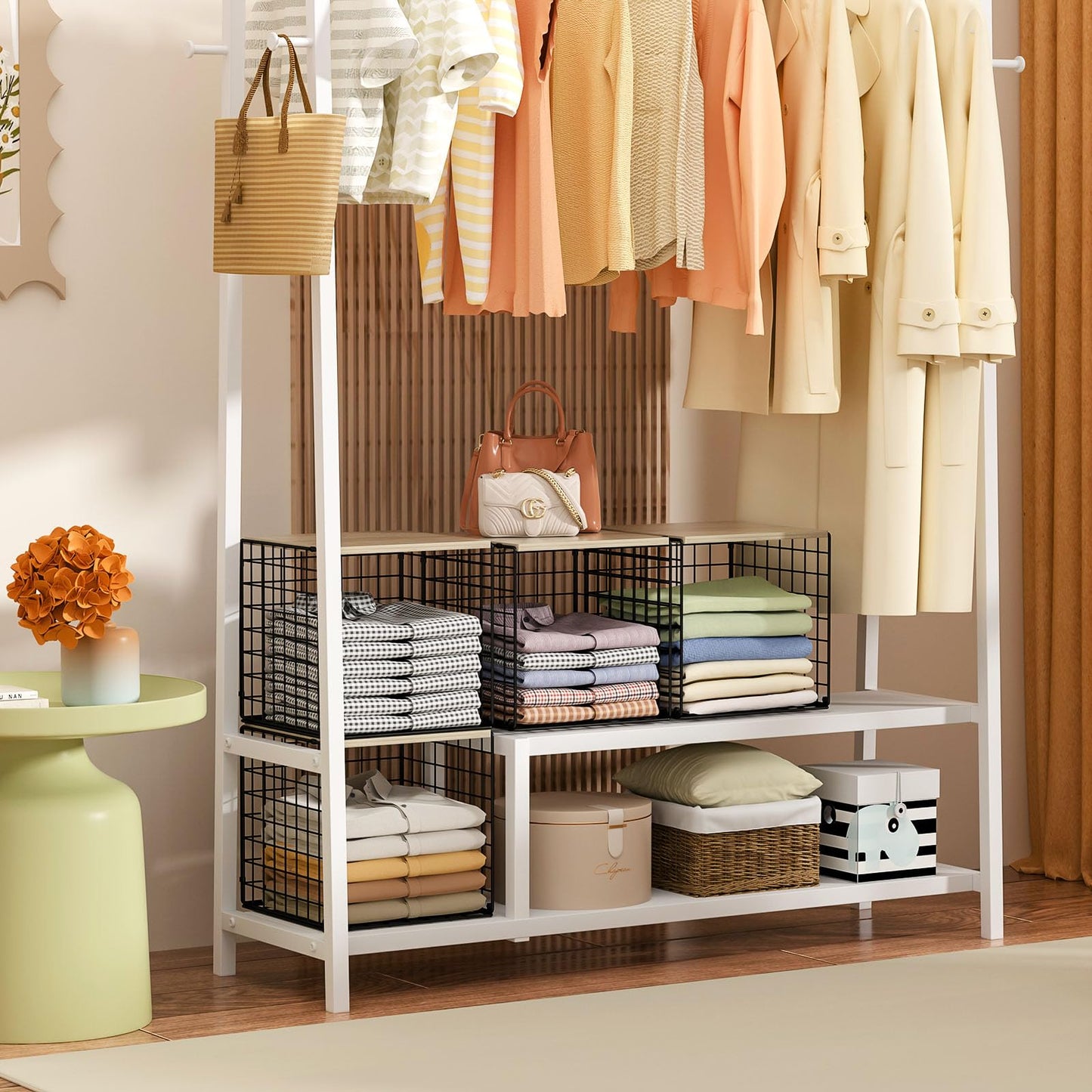 4-Tier Stackable Closet Organizers and Storage Basket, Shelves with Wood Top, Foldable Clothes Storage Bin/Cube Drawer Organizer for Wardrobe, Space-Saving, Closet Organization,Black(Patent Pending) ﻿