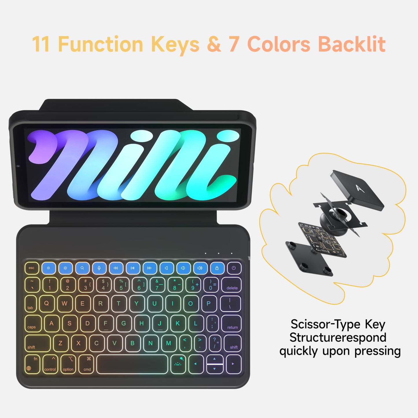 HOU Keyboard Case for iPad Mini 7/6, 156° Adjustable Stand, Detachable Full Protective Case for iPad Mini 7/6, 11 Shortcut Keys, 7 Color Backlight, Silicone PU, Multifunction, Bluetooth