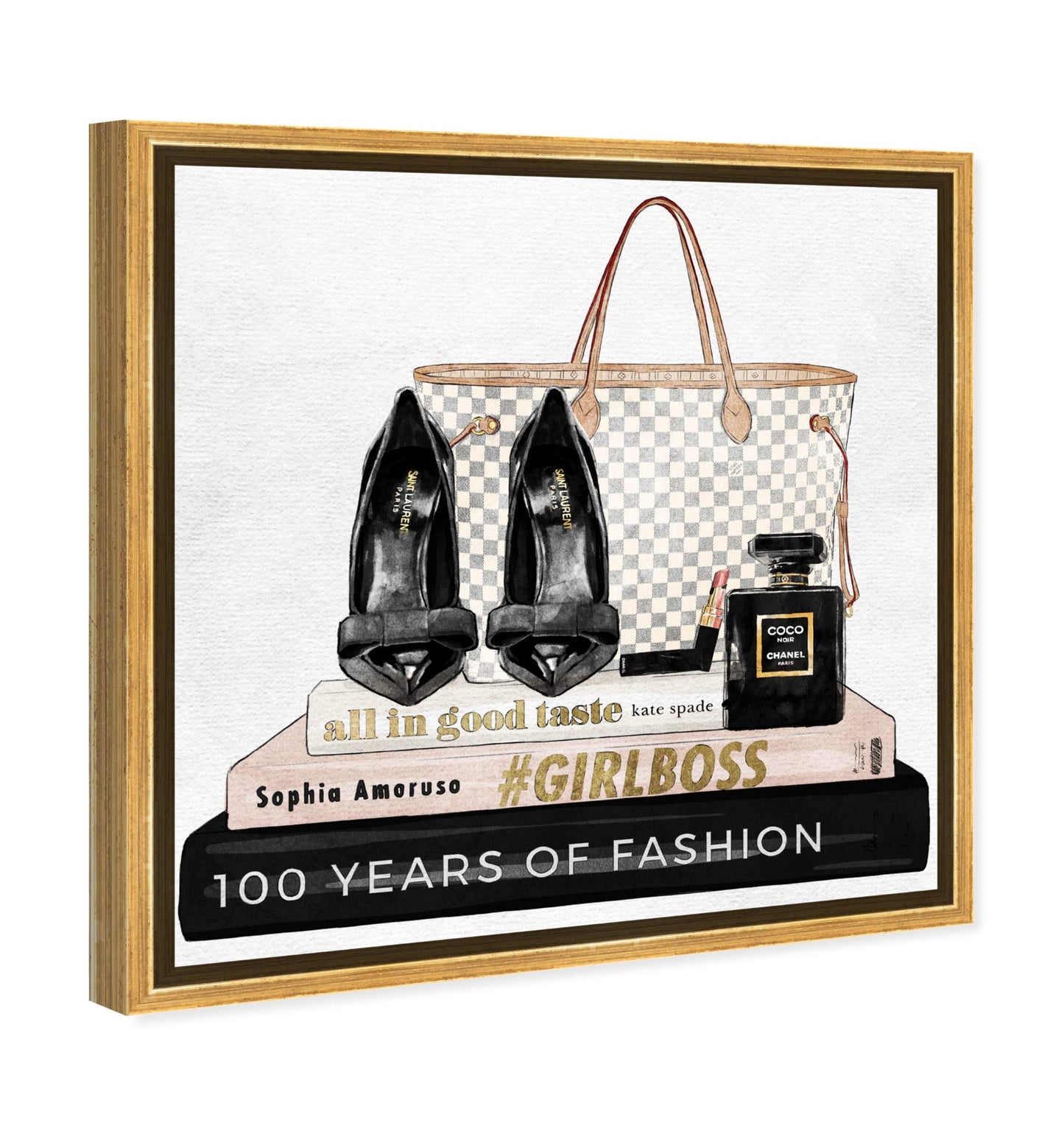 The Oliver Gal Artist Co. Fashion and Glam Wall Art Canvas Prints 'Going Out Books' Shoes Home Décor, 12 in x 12 in, Gold Frame