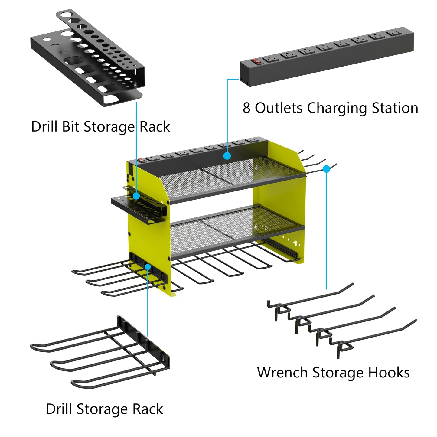 Wall Mount Drill Storage Rack with Charging Station Power Tool Organizer Drill Holder Drill Bit Organizer for Garage Workshop Holds 4 Drills with 8 Outlet Power Strip Christmas Gift(Green Three Layer)