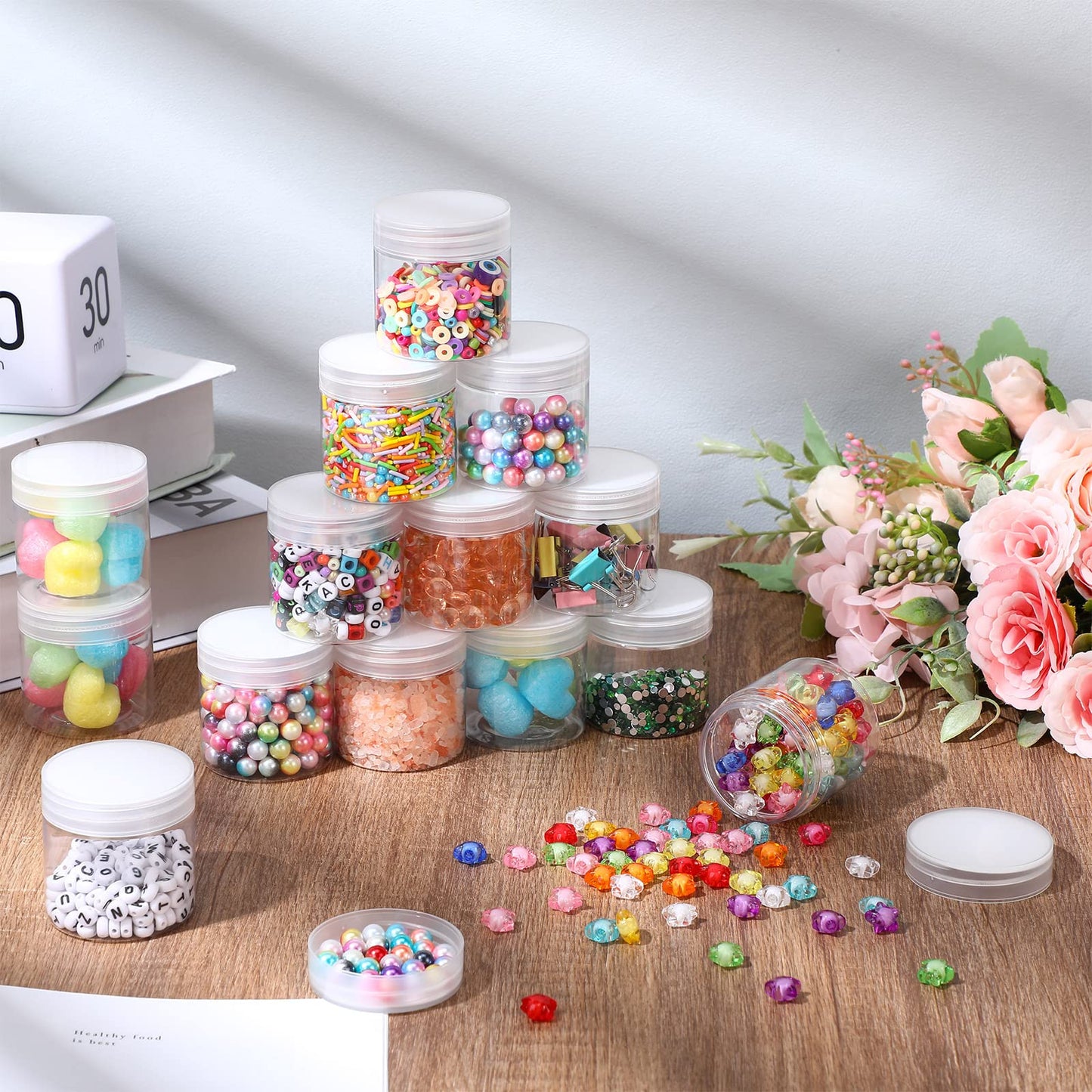 eBoot 150 Piece 2 Oz Plastic Container Jars with Lids Round Clear Cosmetic Empty Clear Plastic Jars for Lotion, Cream, Makeup, Eye Shadow, Rhinestone, Samples, Pot, Travel Storage(2 Oz)