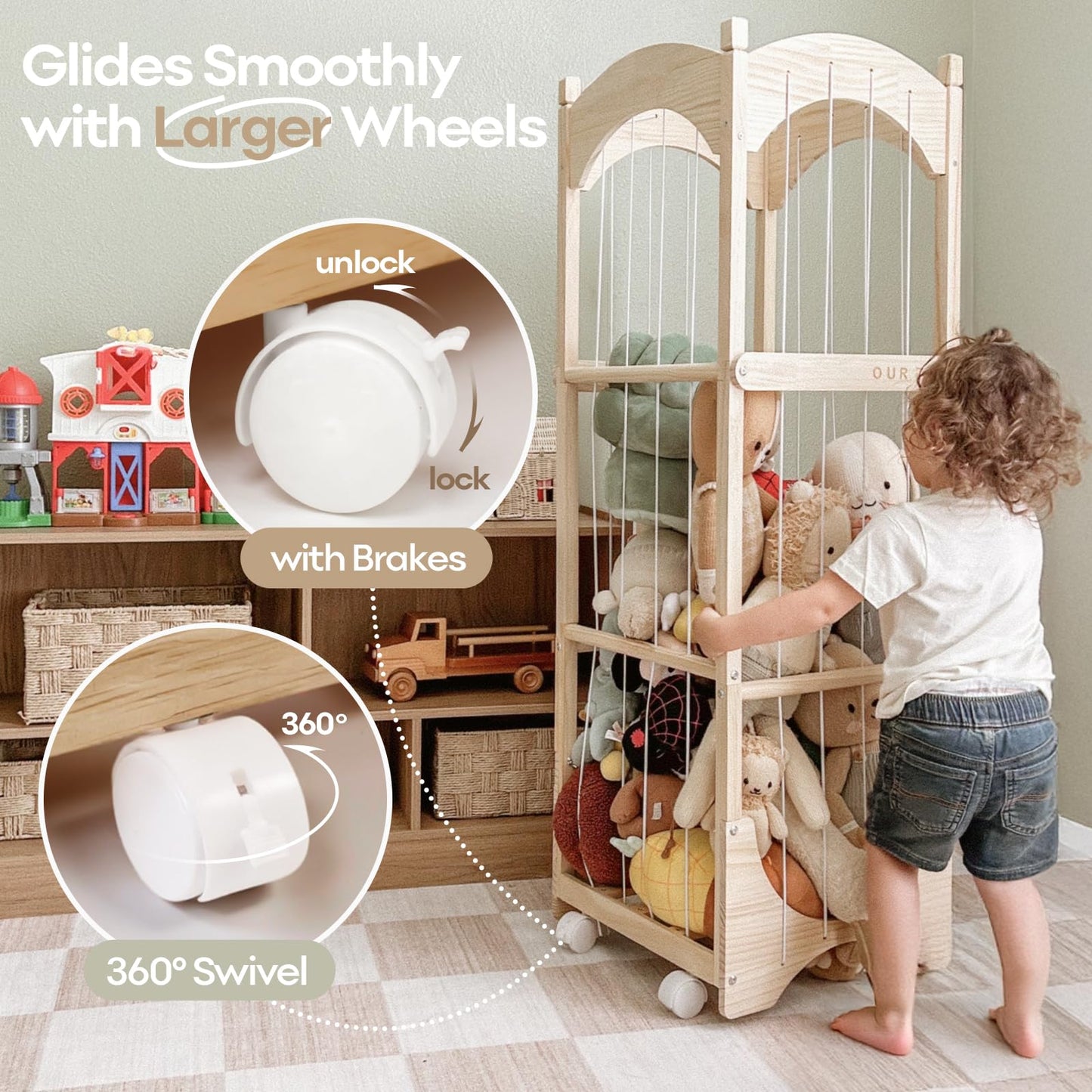 Fodoss Stuffed Animal Storage, Wooden Toy Storage Organizer with Arched Base, Detachable Bars & Lockable Wheels, 16.5" D x 16.5" W x 51.6" H