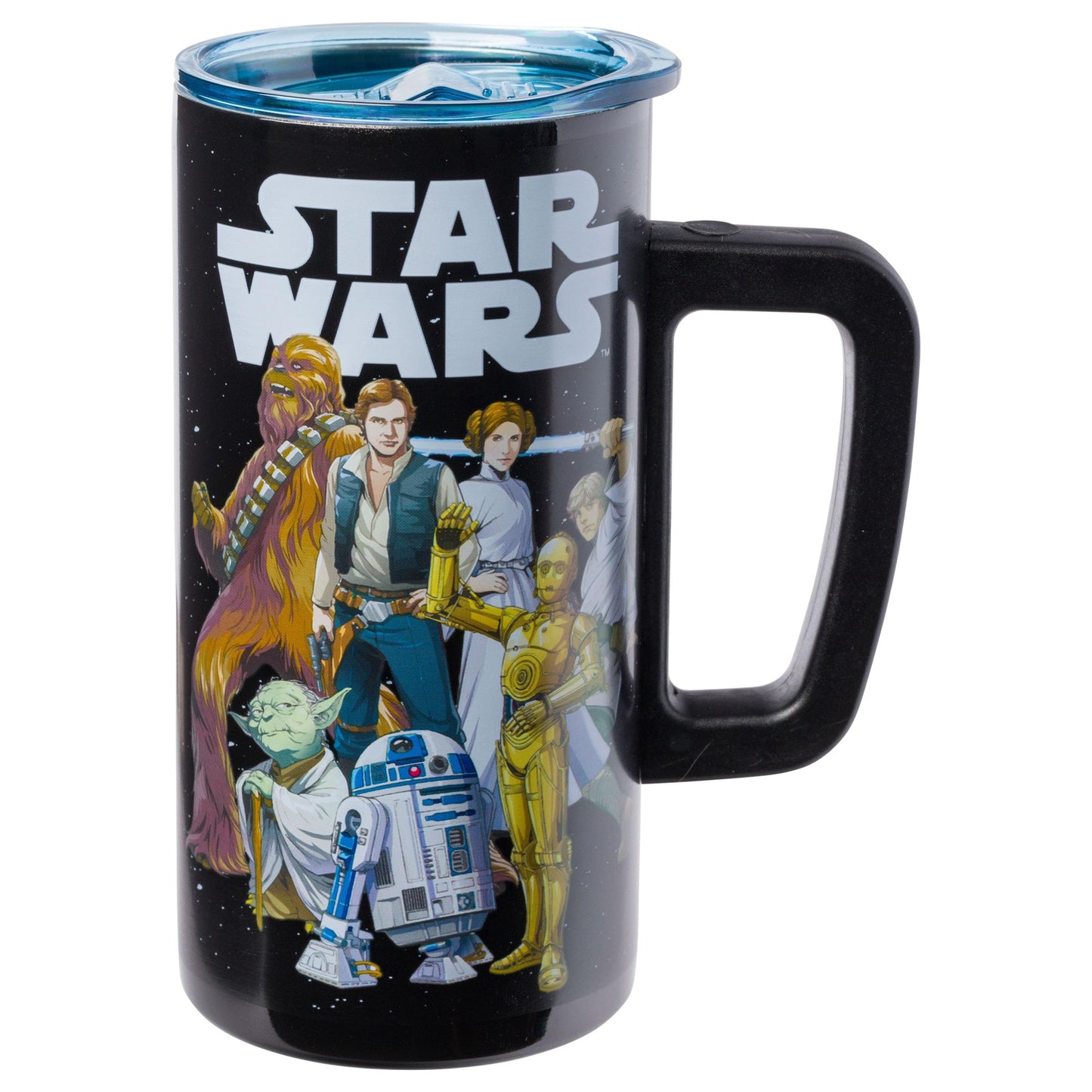 Silver Buffalo Star Wars Featuring Luke Skywalker, Princess Leia, Hans Solo, Chewbacca, Yoda, R2-D2, and C-3PO Double Wall Stainless Steel Travel Mug With Handle, 15 Ounces