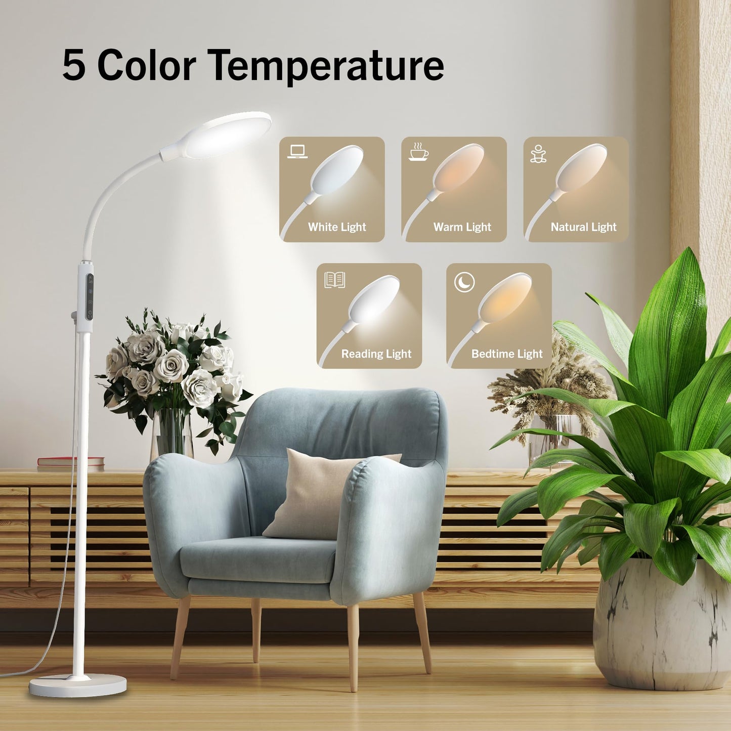 PRIMETEK Happy Light 10000 Lux Mood Lamp, Dual Control Remote,Touch Screen Sad Lamp, Adjustable LED Floor Lamp, UV-Free Sun Light, 5 Color Temperatures 10 Brightness Levels Happy Lights