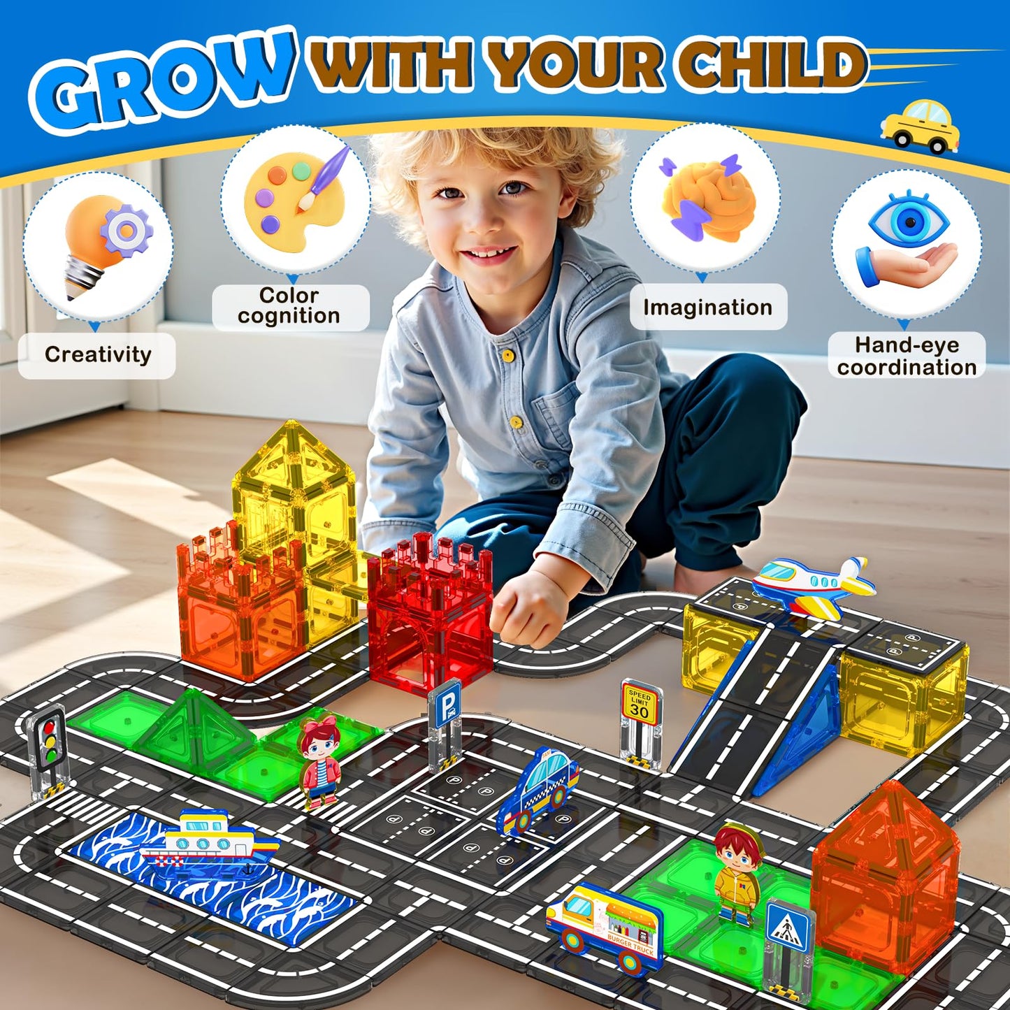 112 PCS Magnetic Tiles Road Set, STEM Magnetic Building Blocks for Toddler Kid Toys, City Construction Toys for 3+ Year Old Boys & Girls, Creative Kids Toys Gifts
