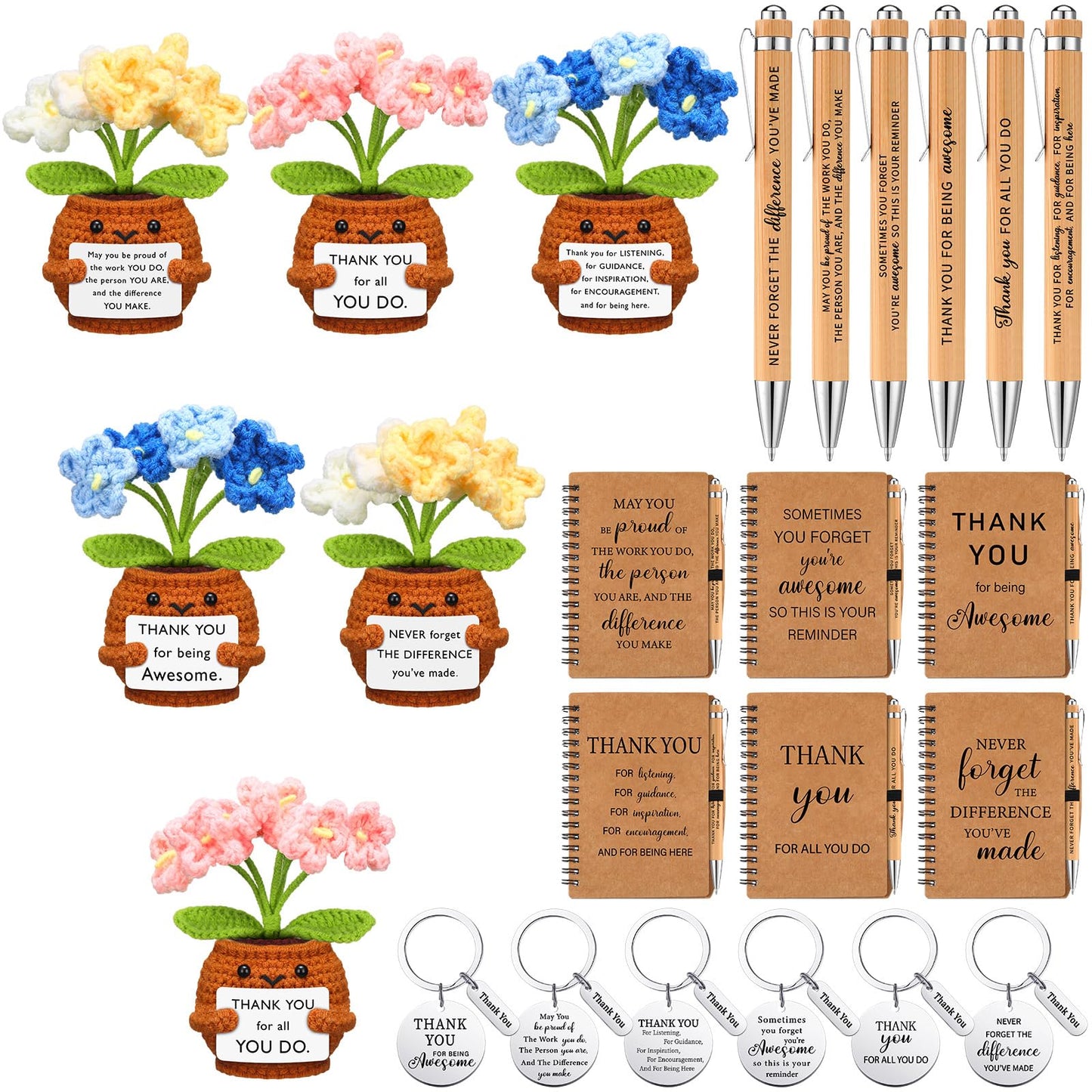 Wavwavw 6 Set Employee Appreciation Gifts Bulk, Gifts for Coworkers, Doll Crochet with Card Inspirational Journals with Retractable Bamboo Pens Thank You Keychains for Staff