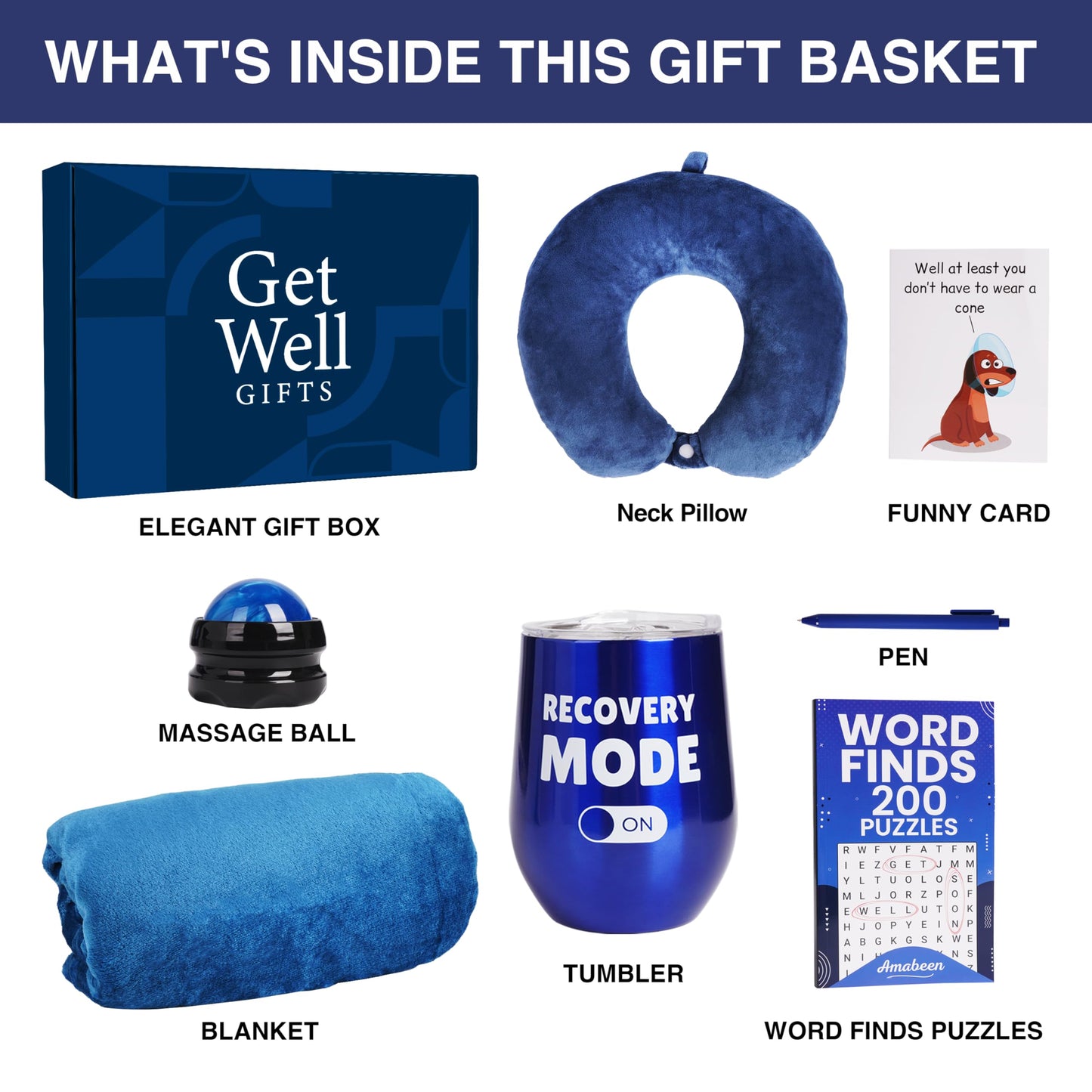 Amabeen Gifts Get Well Soon Gift Basket for Men – Recovery & After Surgery Care Package - Neck Pillow, Plush Blanket, Insulated Tumbler, Massage Roller, Puzzle Book, Funny Card, Pen