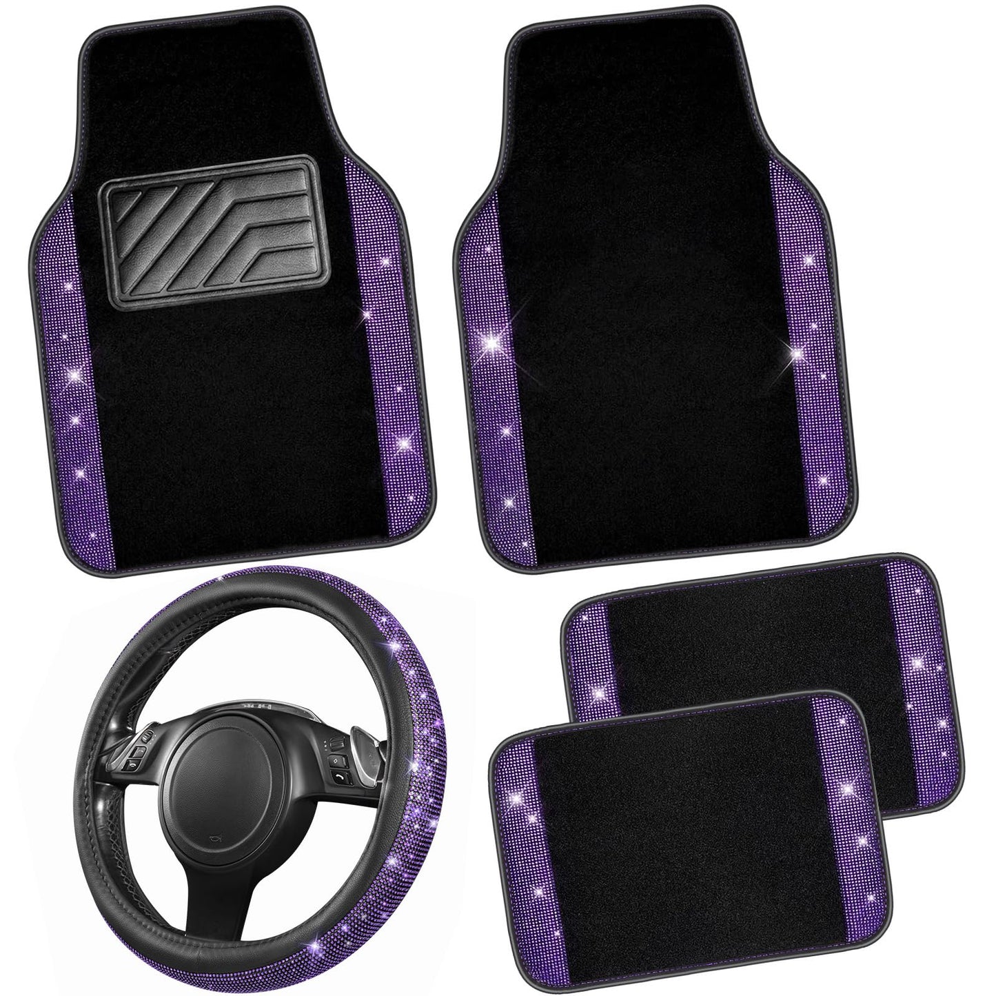 CAR PASS Bling Diamond Leather Steering Wheel Cover 14.5in-15in Floor Mats Shining Rhinestone Carpet Sparkly Glitter Crystal Anti-Slip Pad Fit Automotive SUV Pickup Truck Girl Women, 5pcs Black Purple