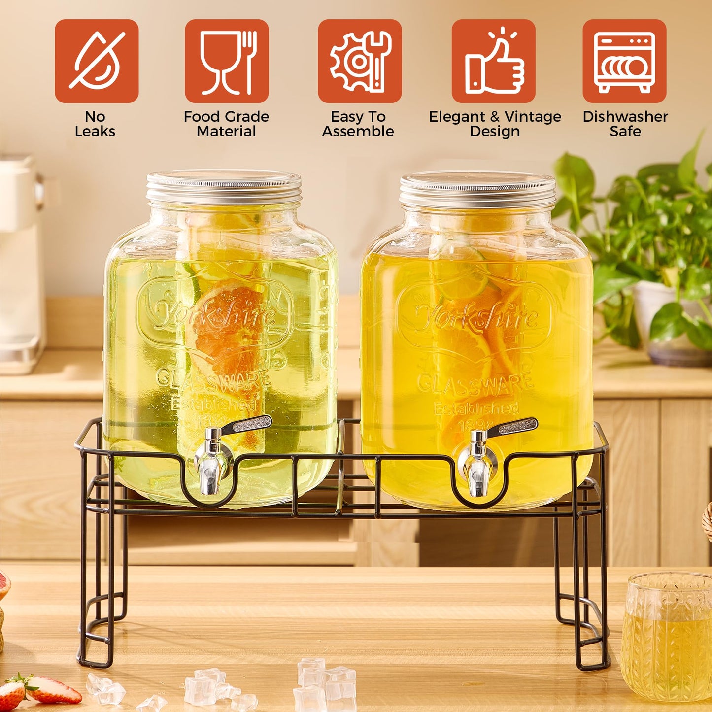 1.5 Gallon Glass Drink Dispensers for Parties, 2PACK Beverage Dispenser with Stand, Ice Cylinder and Stainless Steel Spigot 100% Leakproof, Beverage Dispenser for Lemonade Sun Tea