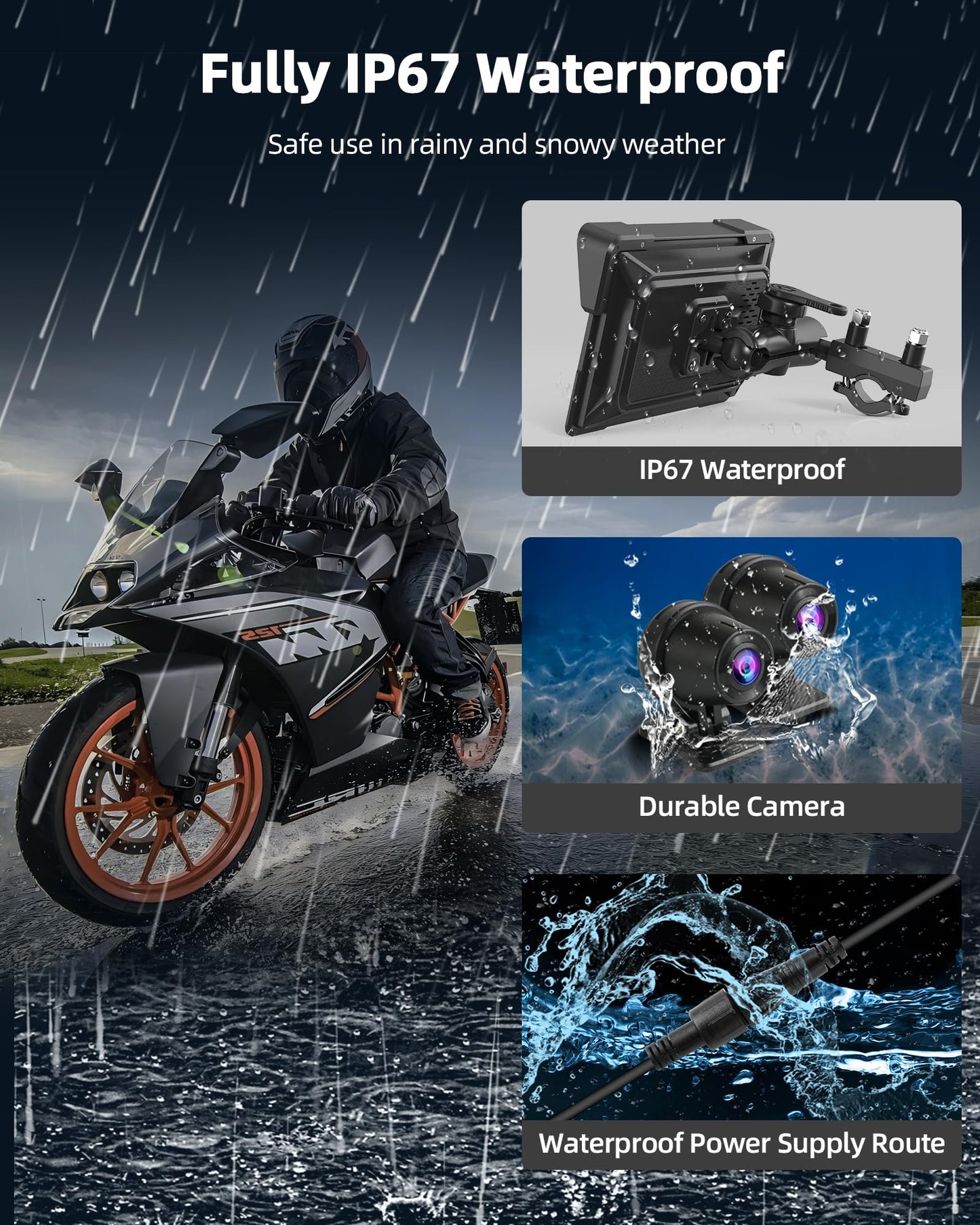 7 inch Motorcycle CarPlay Motorcycle w Dual 2K Dash Cam Wireless Carplay Android Auto Screen for Moto with GPS Navigation for Motorbike Voice Control Light Sensor Bluetooth TF-64G Waterproof
