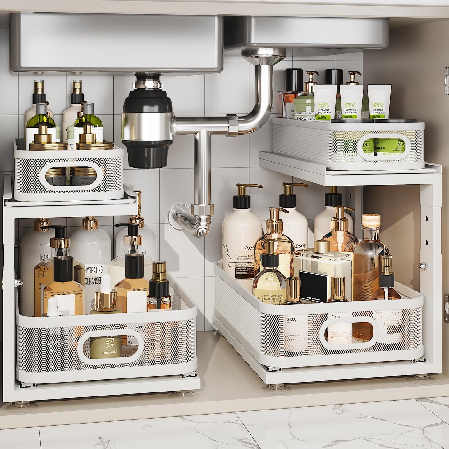 Corbyles 2 Pack Under Sink Organizer With Next-Gen Ball-Bearing Slides,2-Tier Precision Mesh Pull Out Cabinet Drawers Storage for Bathroom&Kitchen,Height Adjustable Shelf,Rust-resistant-Patent Pending