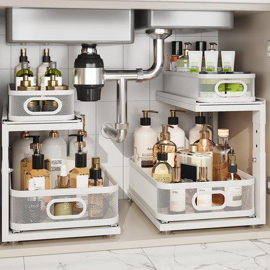 Corbyles 2 Pack Under Sink Organizer With Next-Gen Ball-Bearing Slides,2-Tier Precision Mesh Pull Out Cabinet Drawers Storage for Bathroom&Kitchen,Height Adjustable Shelf,Rust-resistant-Patent Pending