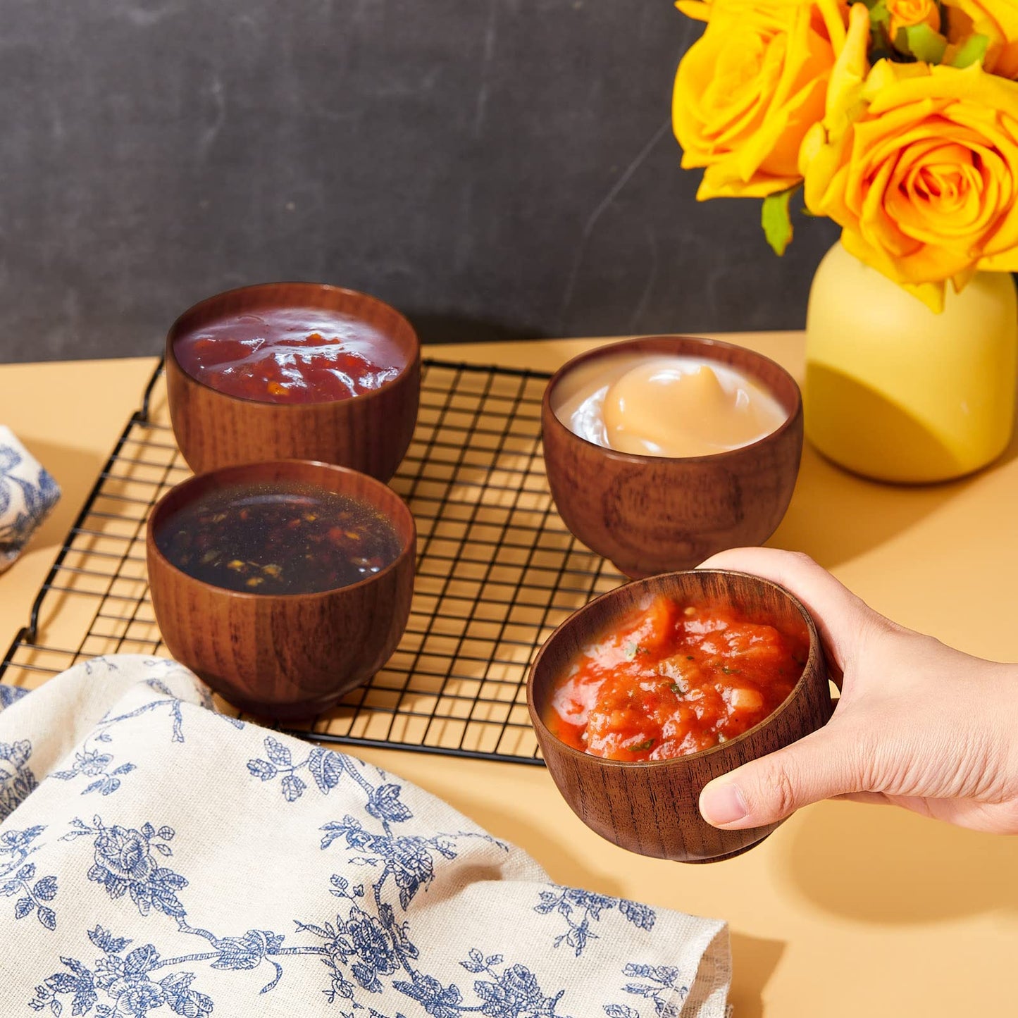 Tioncy 12 Pcs Acacia Wood Small Bowls Wooden Bowls Japanese Cups for Food Dipping Sauce Soup Salad Rice Serving Decorations Charcuterie Boards (3.74 x 2.56 Inch)