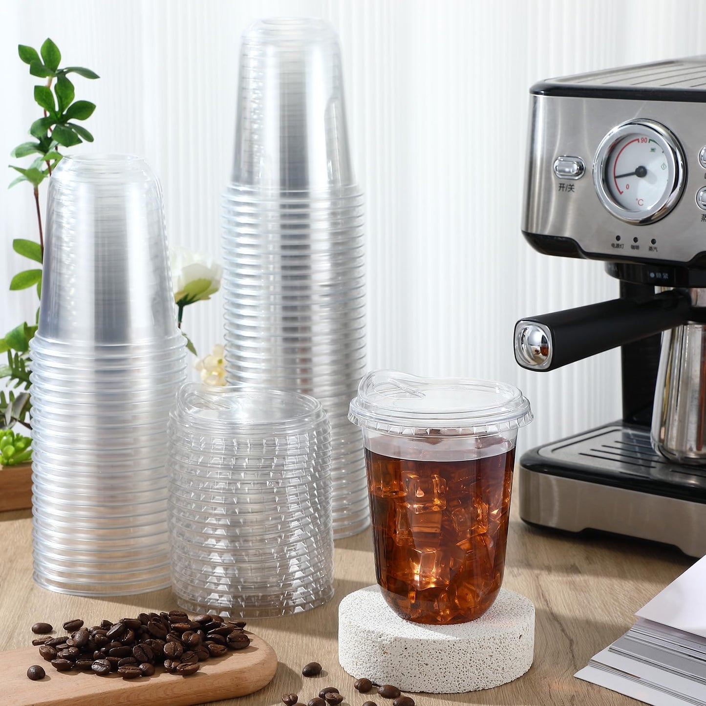 Baderke Clear Plastic Cups with Strawless Sip Lids Disposable Round Bottom Togo Cups for Coffee Smoothie Cold Beverage Coffee Shops and Party Catering(16 oz,100 Pcs)