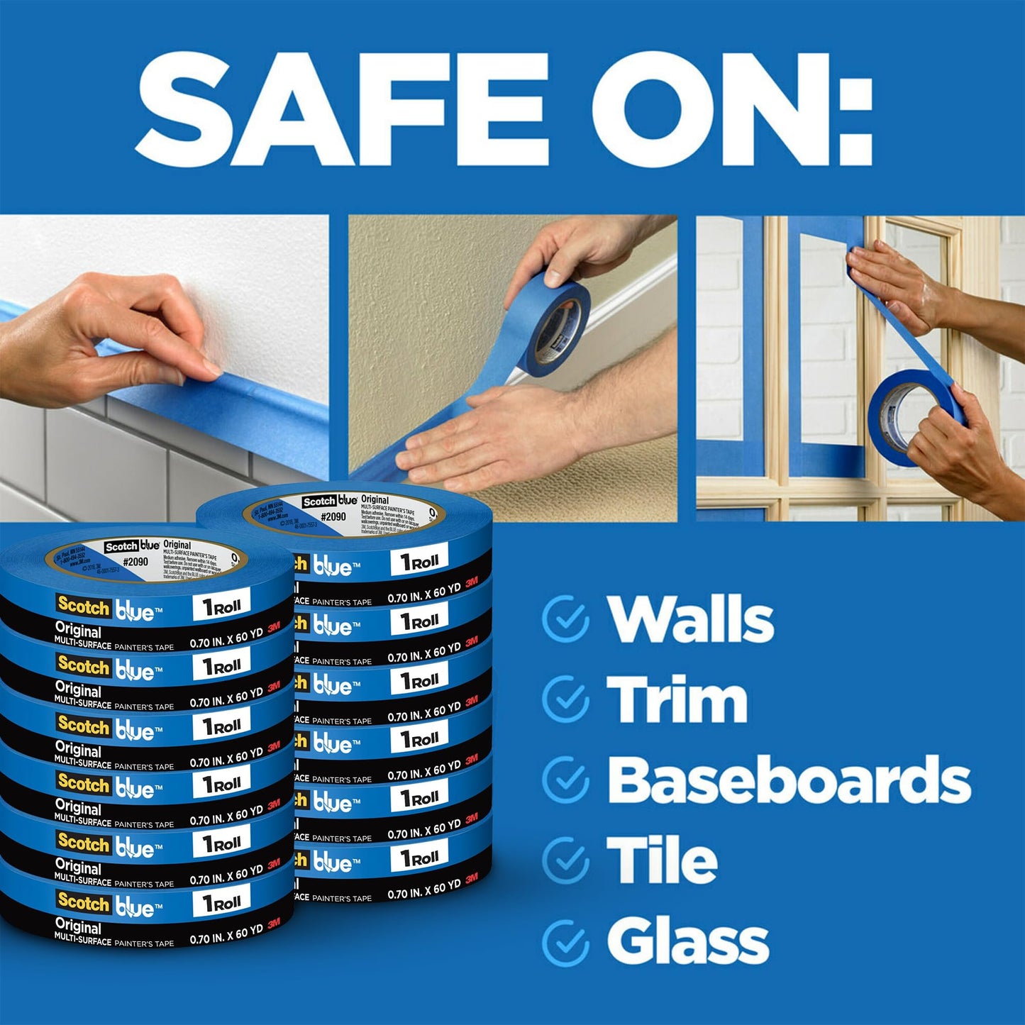 ScotchBlue Original Multi-Surface Painter's Tape 2090, 0.75 Inches x 60 Yards per Roll, 12 Rolls, Blue, 14-Day Clean Removal, UV Resistant, for Indoor and Outdoor Use