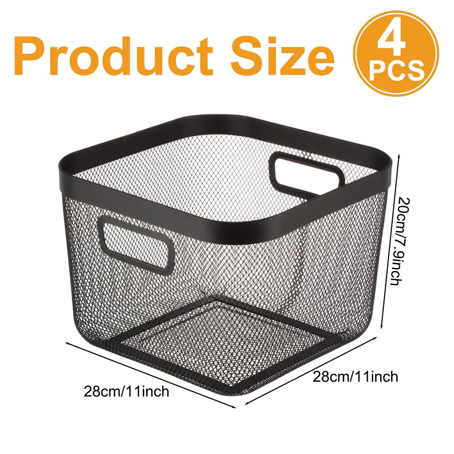 MorningRo 4 Pack Metal Mesh Steel Basket with Hollow Handles Square Wire Mesh Open Bin Fruit Storage Basket for Kitchen Bathroom Picnic Shopping Cabinet Home Items (Large,Black)
