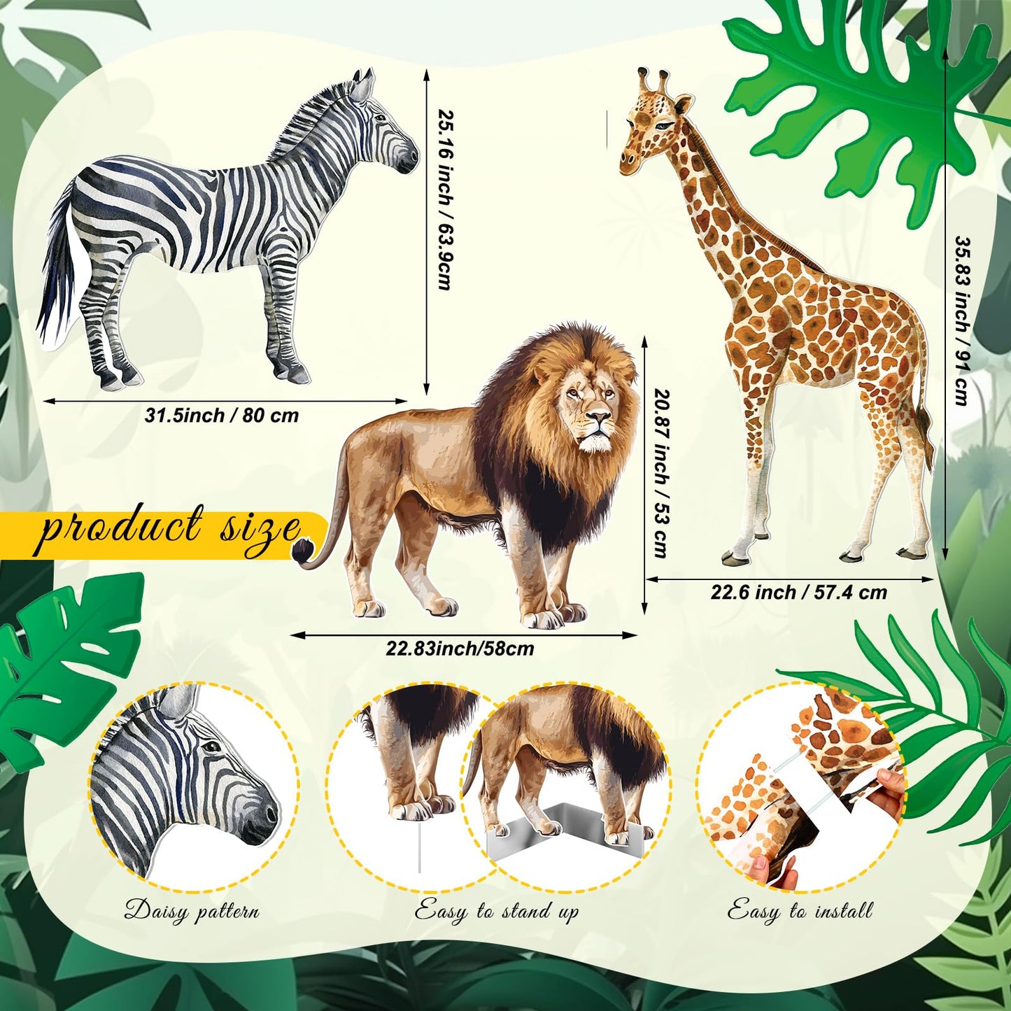 Amyhill 3 Pcs Jungle Safari Animal Cardboard Cutout Standup Life Size Safari Birthday Party Decorations Lion Giraffe Zebra Cardboard Cutouts for Baby Shower Birthday Party Photo Backdrop Favors