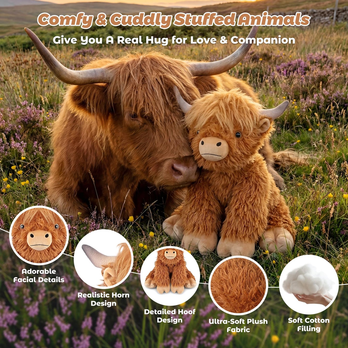24" & 4.5 lbs Highland Cow Weighted Stuffed Animal, Adjustable Sitting & Laying Plush Toy Pillows with Removable Ceramsite Bag for Companion, Cuddly & Soft Gifts for Adults, Kids, Boys and Girls