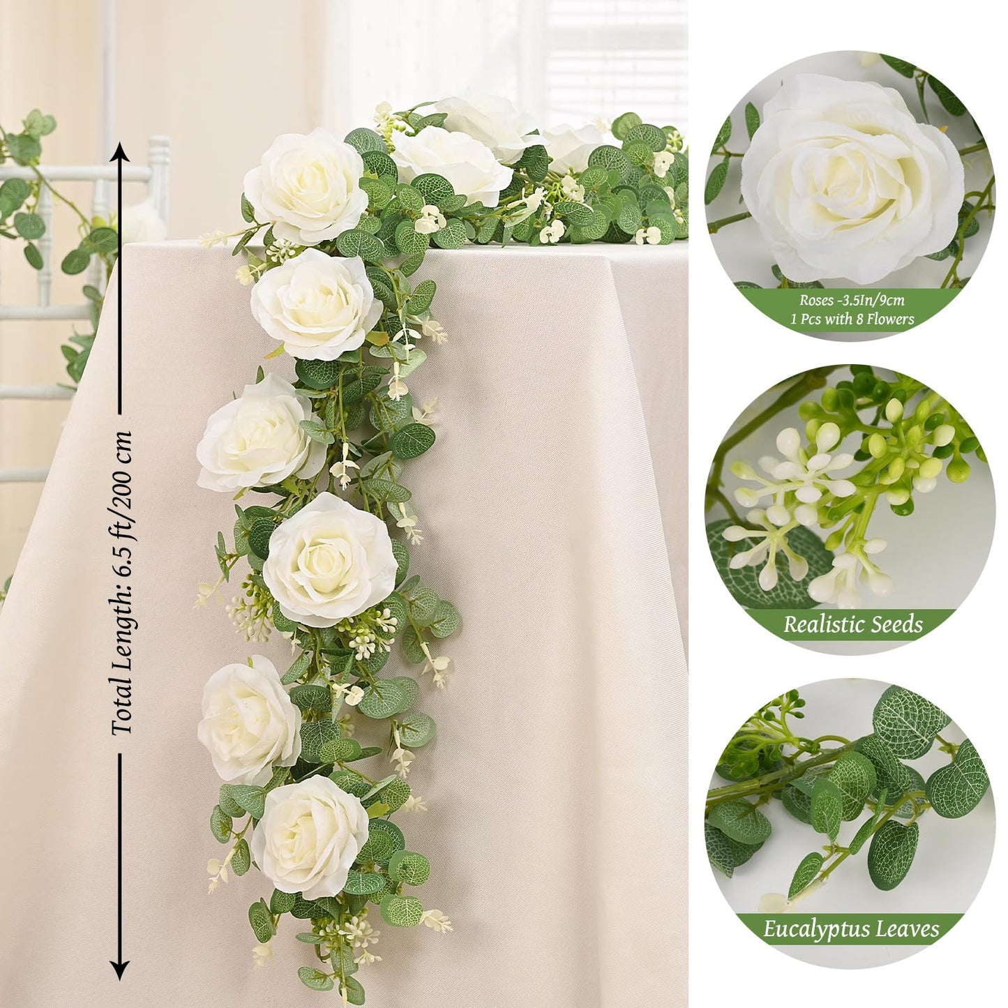 Dolicer 4Pcs 26Ft Artificial Eucalyptus Garlands with Flowers - 8 Roses, Faux Floral Greenery Garlands Fake Flowers Vines for Wedding Table Centerpieces Arch Party Ceremony Backdrop Decor (White)