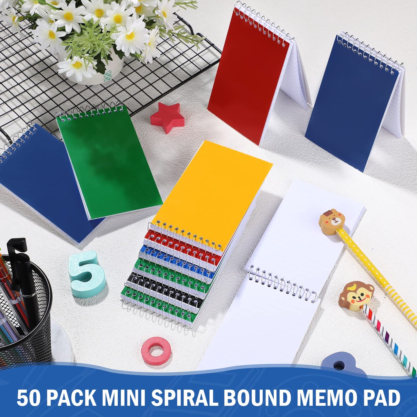 Teling 50 Pcs Spiral Memo Pads Bulk, 3x5 Inch Small Note Pads, Pocket Notebooks with 75 Sheets College Ruled Lined Paper, Top Bound Mini Spiral Notepad for Back to School Gifts Office Home Supplies