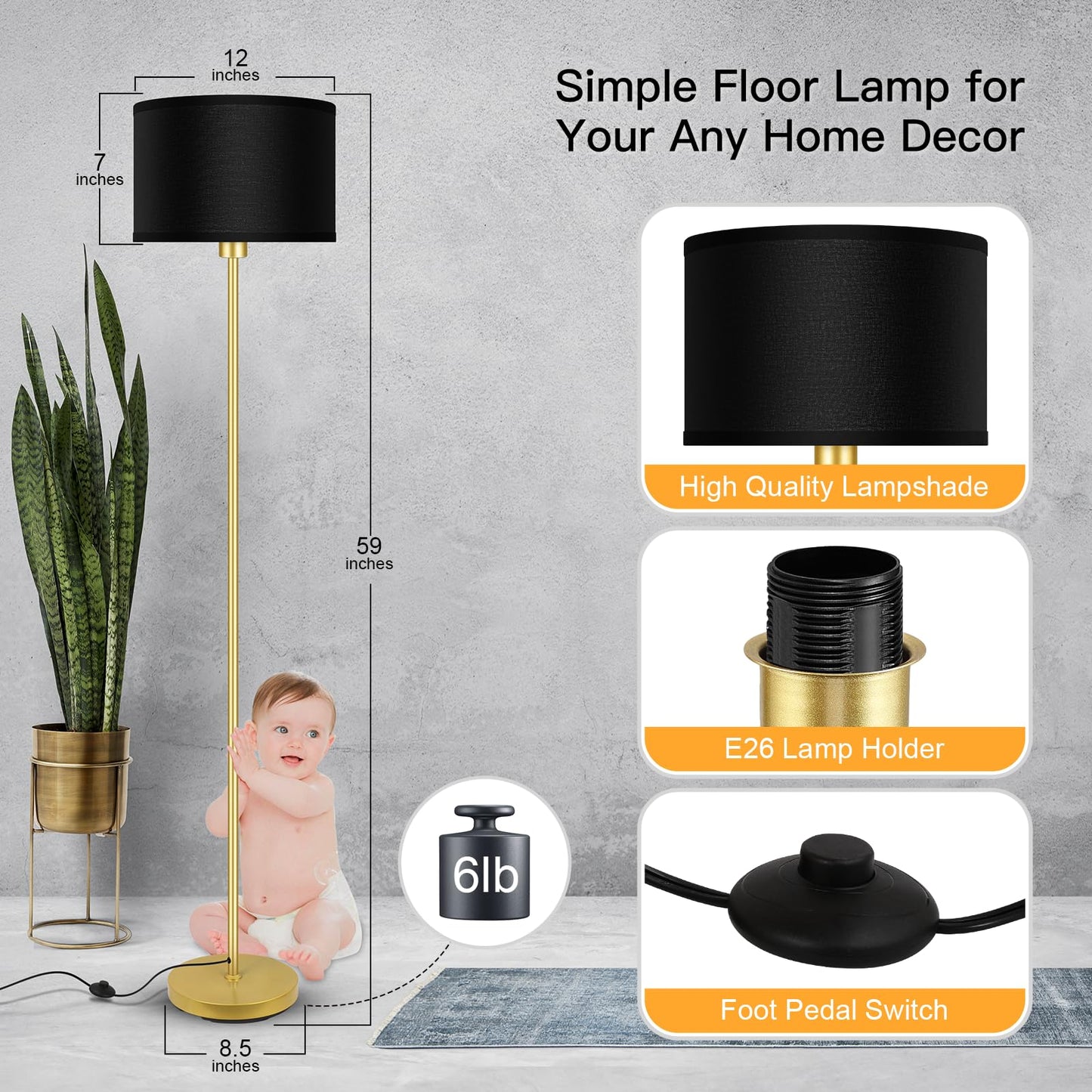 Gold Floor Lamps for Living Room, Modern Bright Standing Lamp, Black Lamp Shades, Foot Switch, Simple Pole Lamps Corner Lamp for Bedroom,Office, Living Room, Den, Black Living Room Lamp(No Bulb)