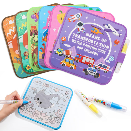6 Pack Water Painting Book for Toddlers, No Mess Water Coloring Book 7.9x7.9in, Coloring Fun Water Drawing Books Reusable Travel Activity Toys Party Favors Classroom Rewards Gift for Kids Ages 3-6