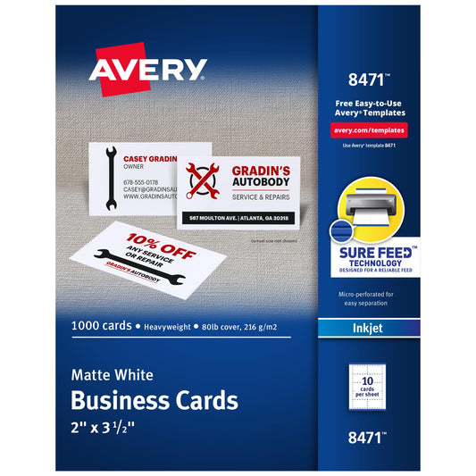 Avery Printable Business Cards with Sure Feed Technology, 2" x 3.5", White, 1,000 Blank Business Cards, Inkjet Printer Paper (8471)