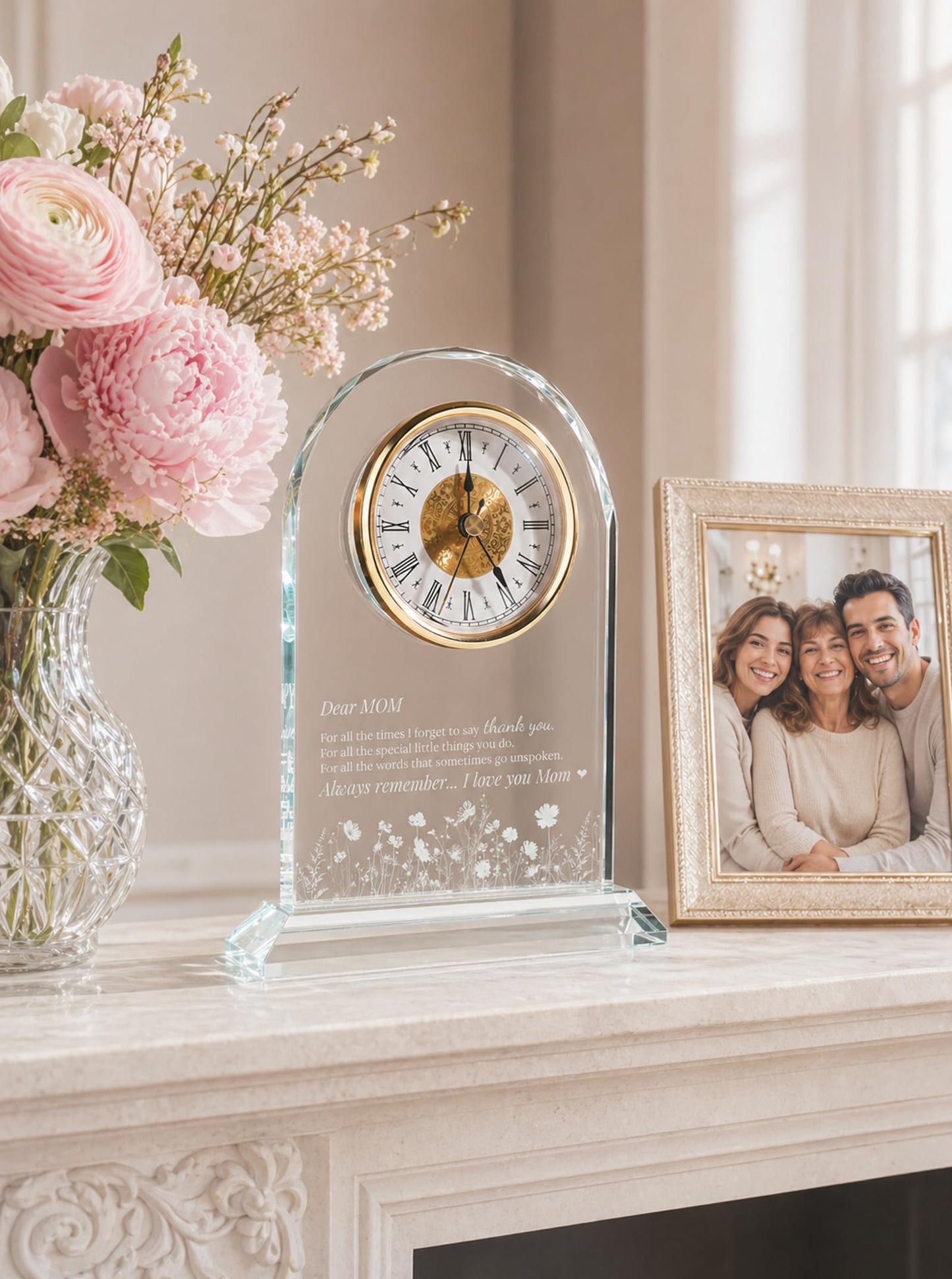 WinTaim Mom Glass Clock Gift from Daughter or Son: Unique Birthday, Christmas, Thanksgiving Blessings, Mother's Day, and Valentine Gifts - Elegant Desk Clock with Base for Mom Who Has Everything