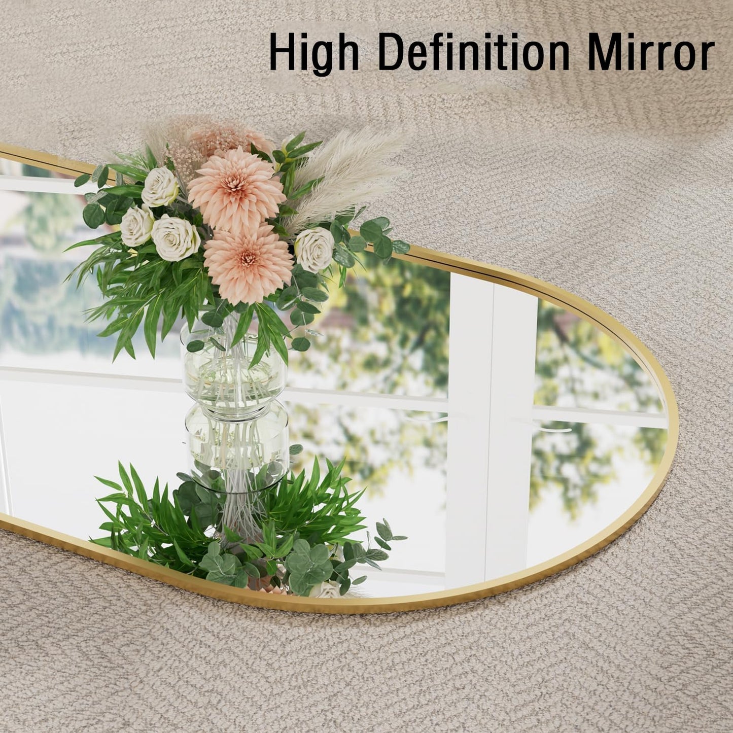 TinyTimes 48"x16" Hanging Mirror with Leather Strap,Oval Full Length Mirror with Aluminum Frame Wall-Mounted Hanging Mirrors for Bathroom Vanity Living Room Bedroom Entryway Decor, Gold