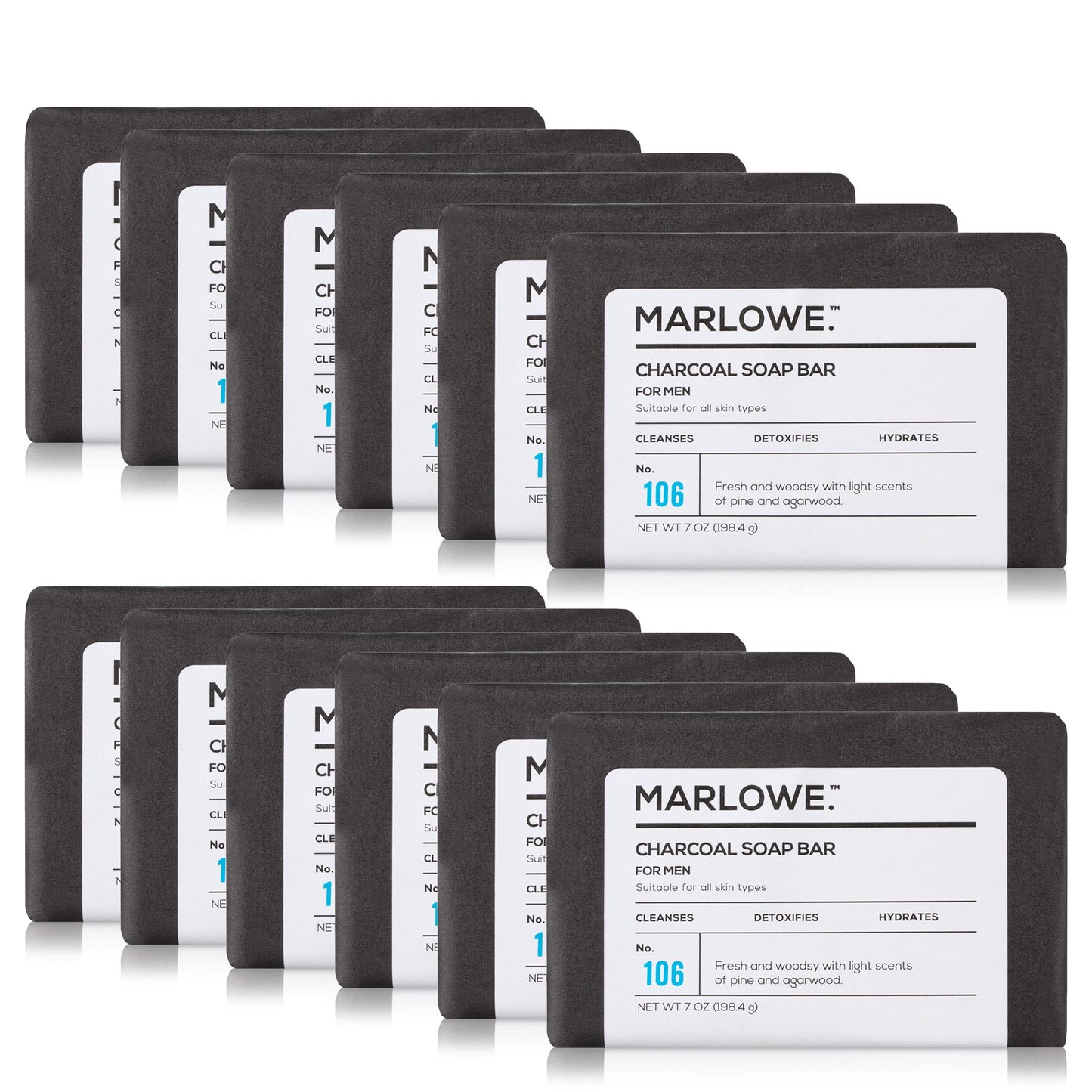 MARLOWE. No. 106 Charcoal Soap 7 oz (12 Bars) Body Bar Soap for Men, Cleansing, Purifying & Hydrating with Natural Extracts, Shea Butter, Olive Oil & Green Tea Extracts, Fresh Woodsy Scent