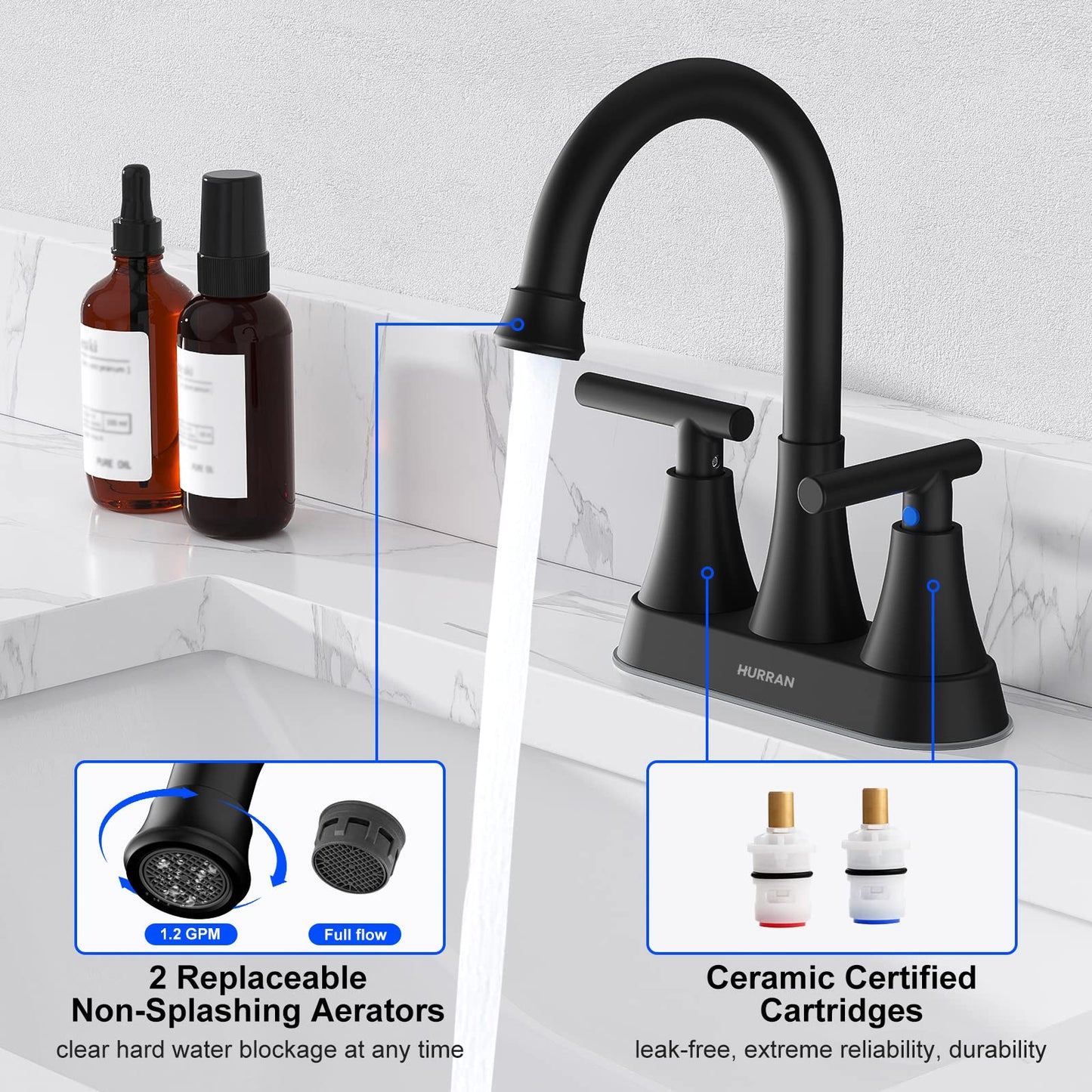 Bathroom Faucets for Sink 3 Hole, Hurran 4 inch Matte Black Bathroom Sink Faucet with Pop-up Drain and 2 Supply Hoses, Stainless Steel Lead-Free Centerset Faucet for Vanity RV, 2 Pack
