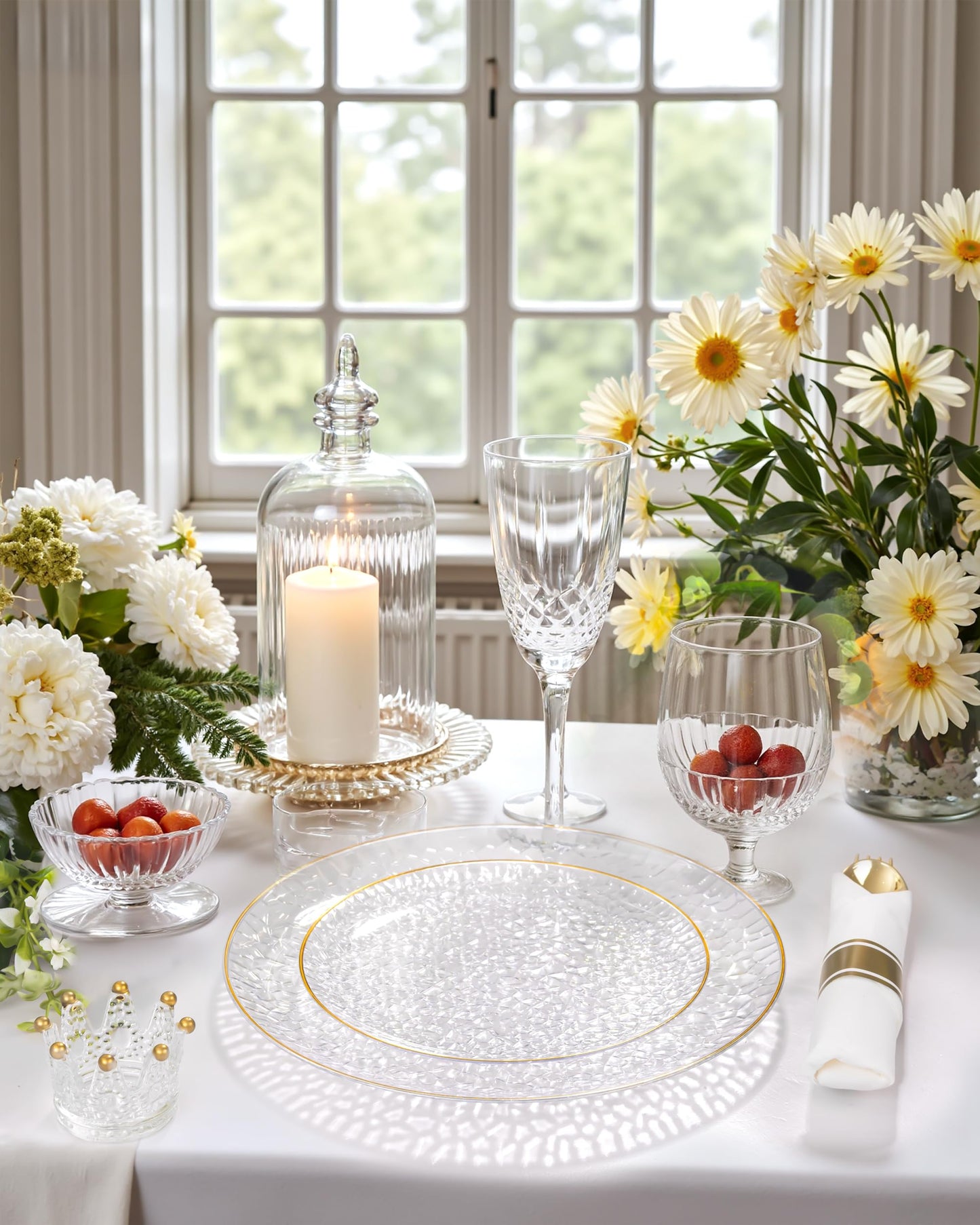 Hioasis 350pcs Clear Gold Plastic Plates - Clear Plastic Dinnerware Set Includes 50 Dinner Plate, 50 Dessert Plate, 50 Cups, 50 Napkins Perfect for Wedding & Party & Wedding