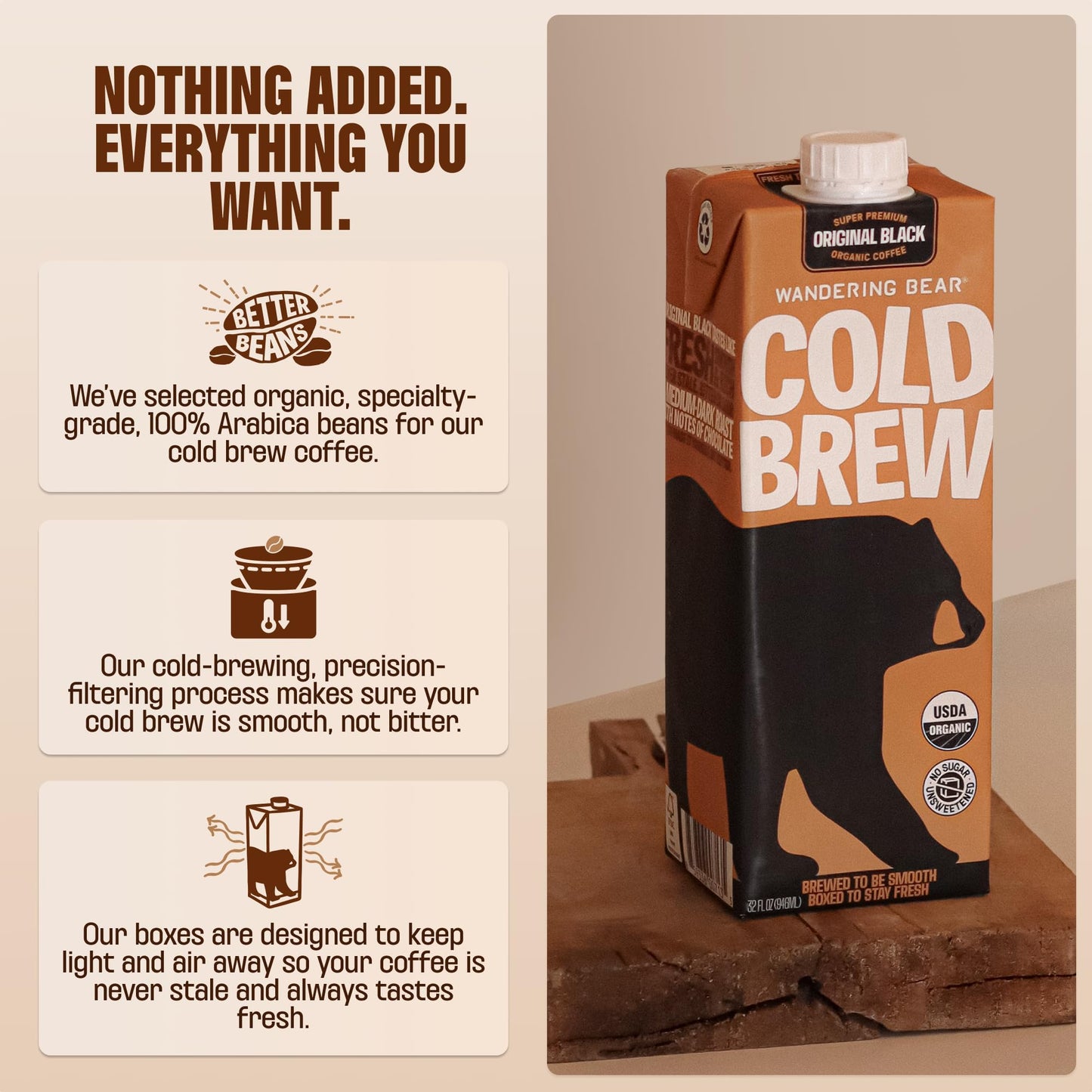 Wandering Bear Organic Unsweetened Extra Strong Cold Brew in a Box - Make Your Own Iced Coffee Drink with Wandering Bear Black Concentrate, Shelf-Stable & Vegan - 21 Servings - 32 fl.oz