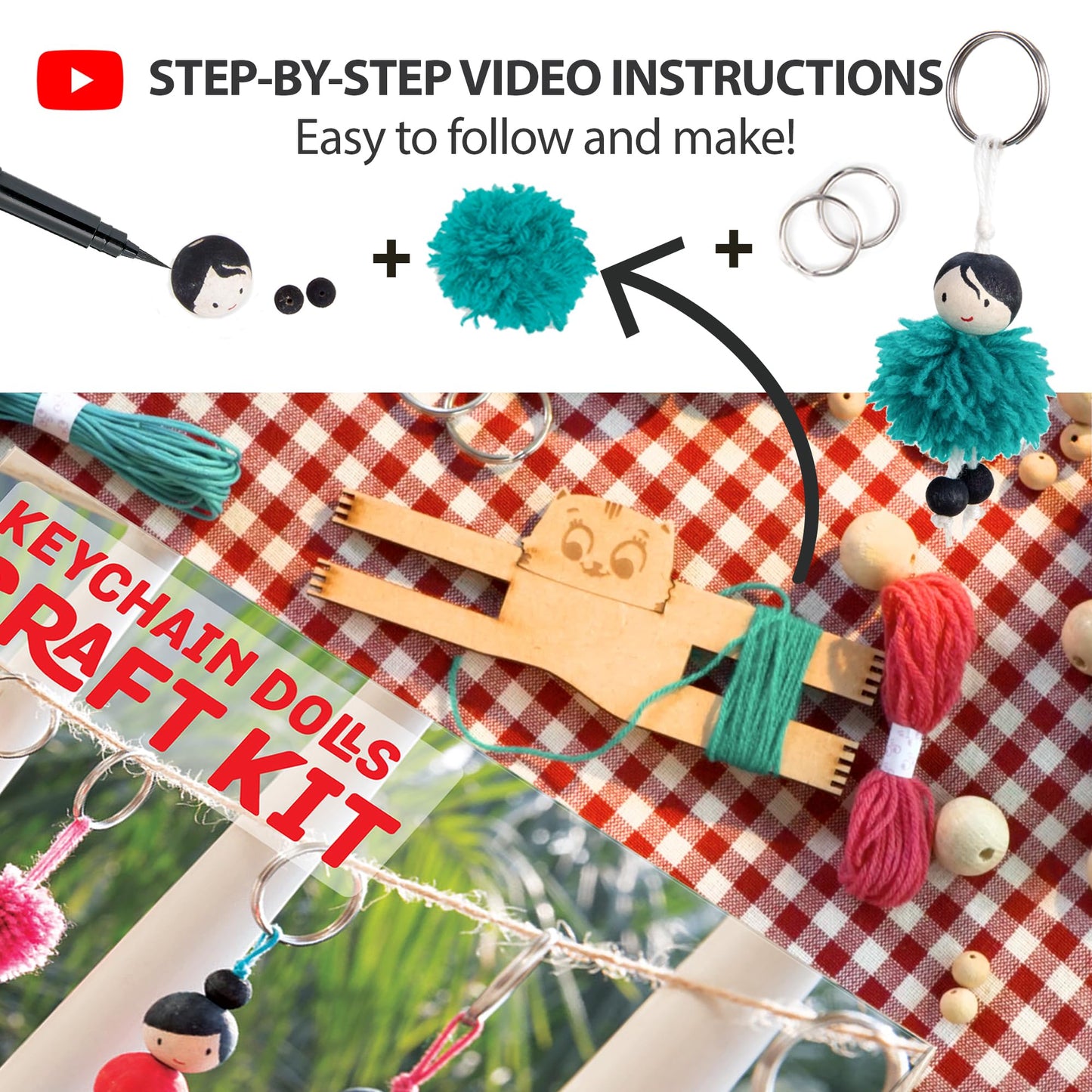 Chalk and Chuckles Keychain Dolls Craft Kit – DIY Pom Pom & Tassel Keychains for Kids Ages 6-12