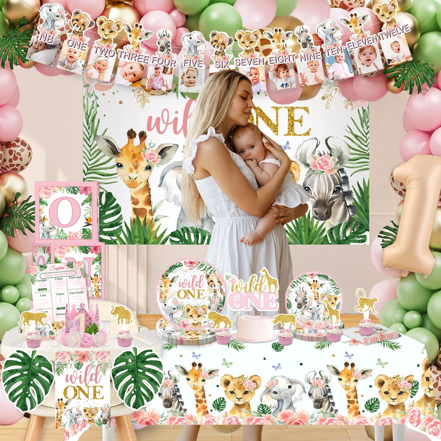 Cocomigo 184pcs Wild One Birthday Decorations Girl, Wild One Party Decorations Include Plate Banner Backdrop Tablecloth Cake Topper Pink Balloon Arch for Wild One Birthday Decorations