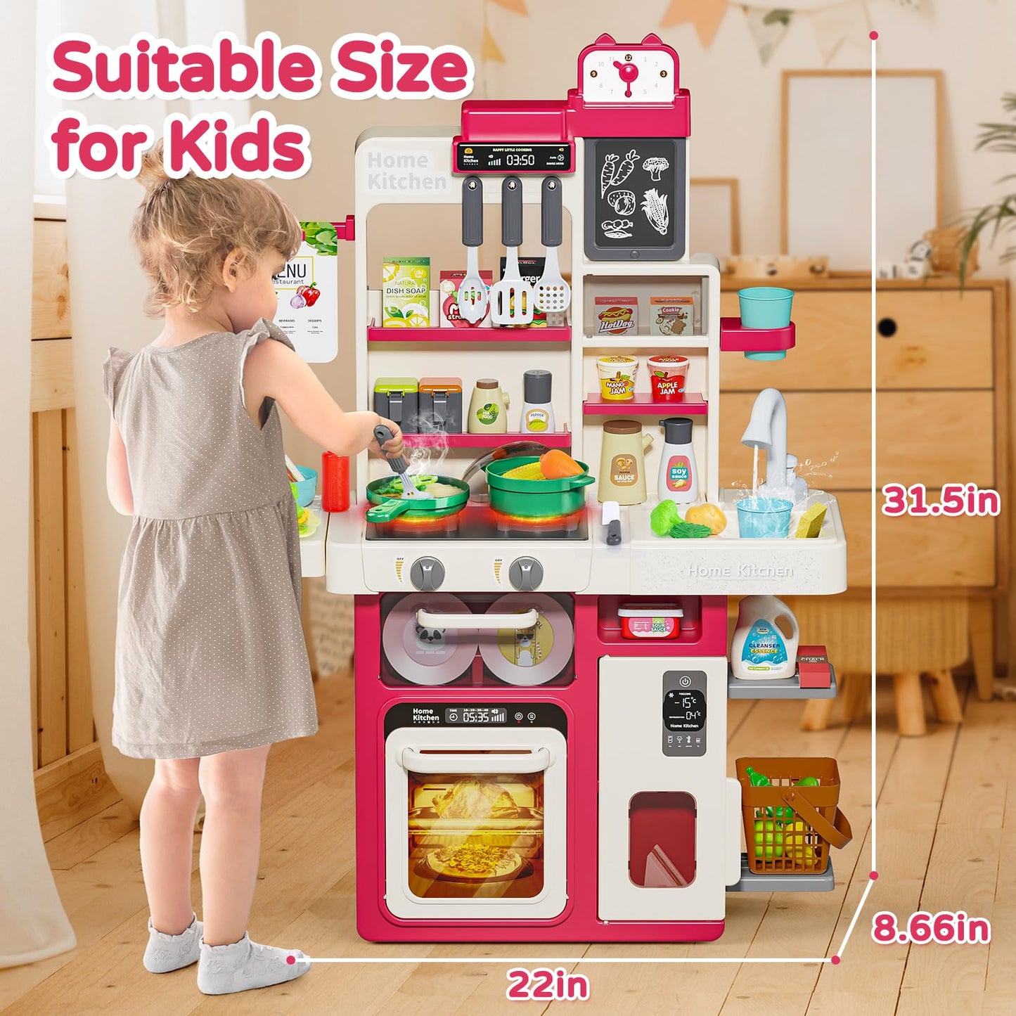 Letapapa Kids Pretend Play Kitchen Set, Kitchen Toys with Realistic Sound & Light, Cooking Stove, Sink, Play Food and Kitchen Accessories, Pretend Kitchen Playset Gifts for Toddlers Girls Boys(Red)
