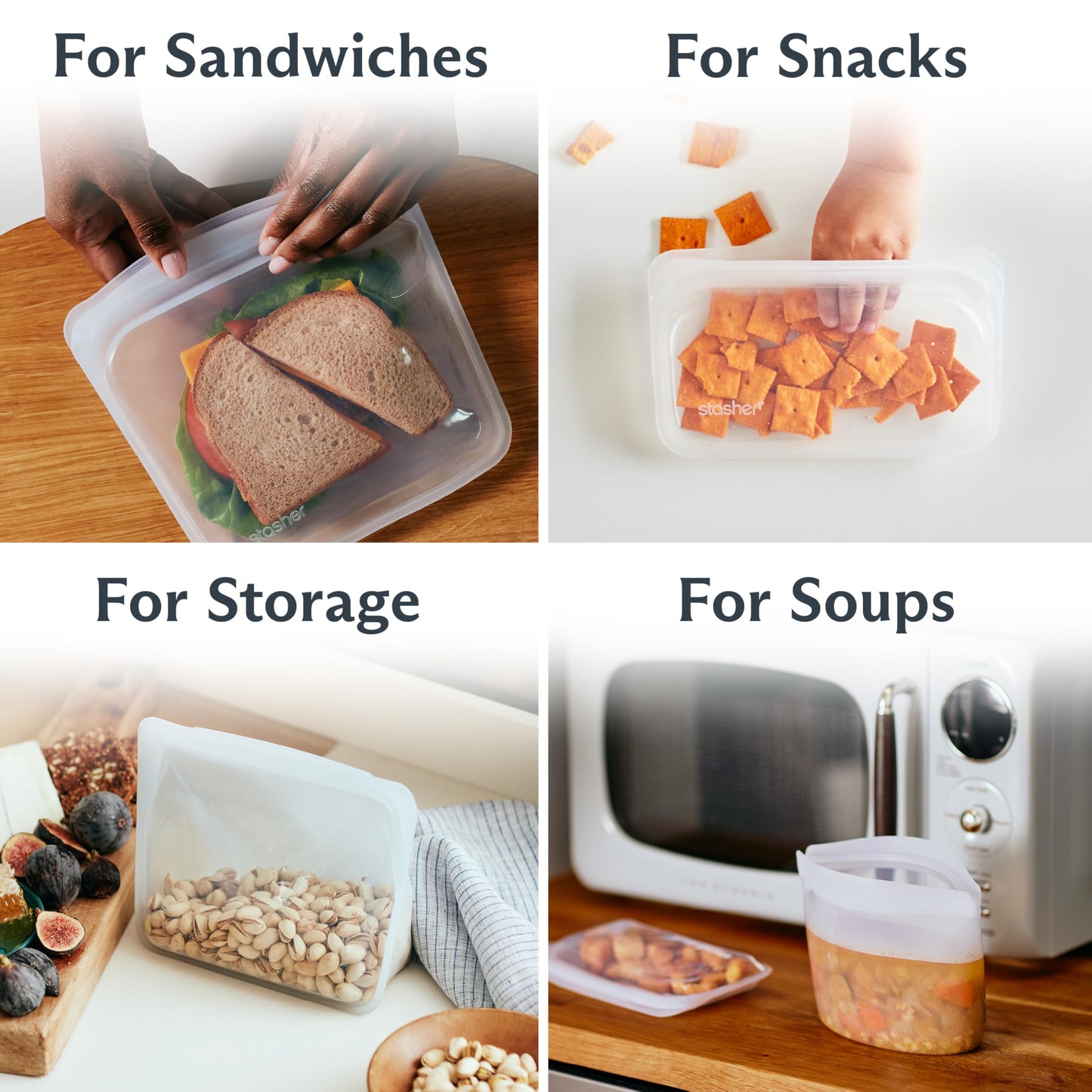 Stasher Silicone Reusable Storage Bags, 4-Pack Starter Kit, Reusable Freezer Bags, Microwave, Dishwasher, Oven Safe, Sous Vide, Premium Lunch Containers, Eco Friendly, Food Storage Bags, Clear