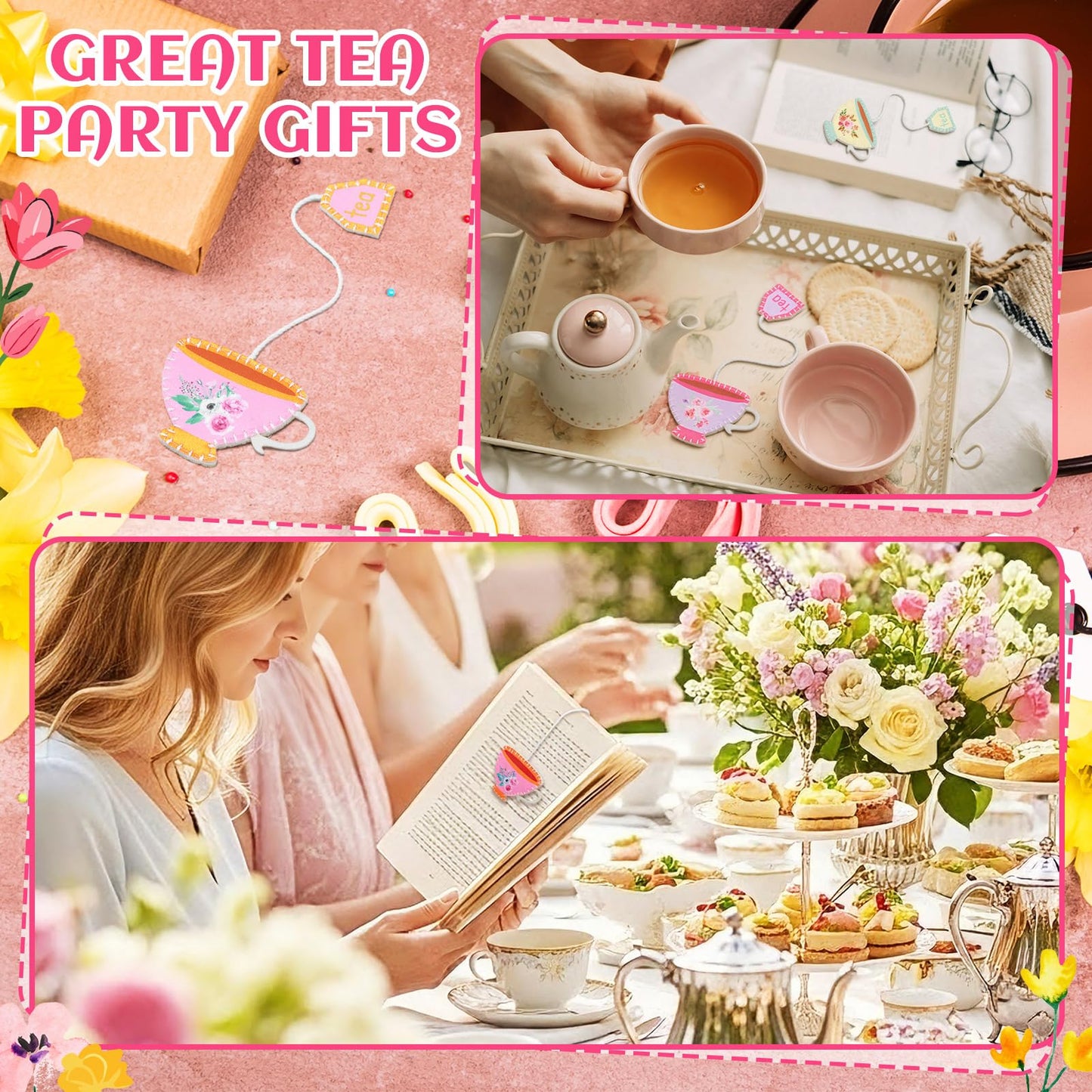 Resurhang 24 Pcs Tea Bag Bookmarks Tea Party Favors Cute Hand Embroidered Teapot Bookmarks Gift for Spring Holiday Teacher Women Book Reading Lovers Gift Book Marks (Retro)
