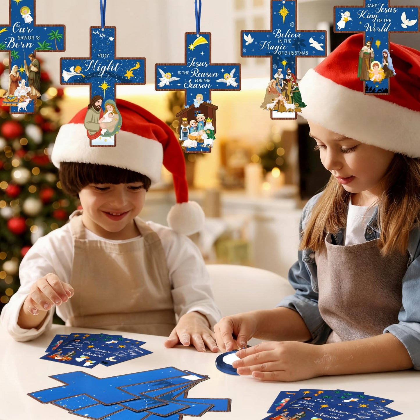 Watersay 48 Set Religious Cross Craft Kit Christian DIY Paper Crafts Make Your Own Hanging Ornament Crafts for Sunday School VBS Church Classroom Art Project Home Activities (Christmas,Blue)