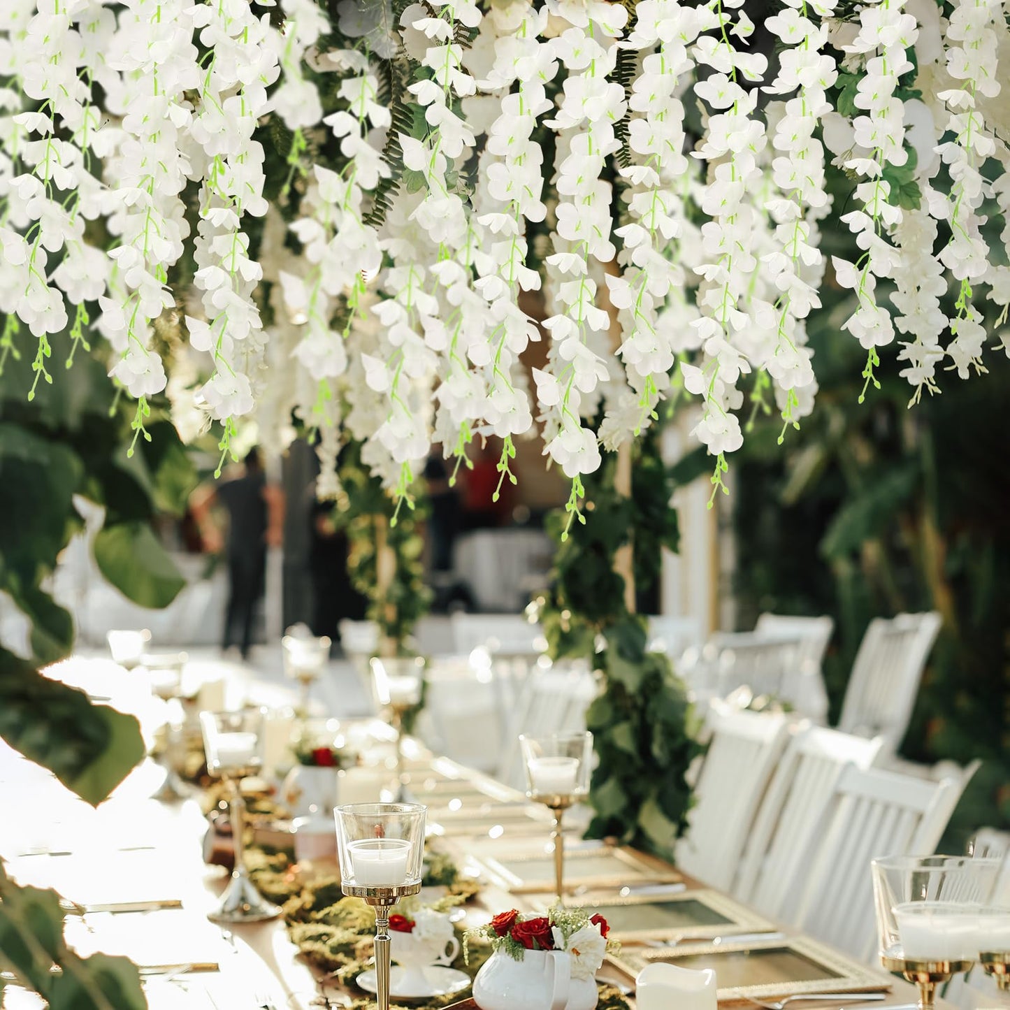 HLAONU 150 Branches Wisteria Hanging Flowers,10Pcs Total 60ft White Wisteria Artificial Flowers Garland Vine Silk Hanging Flowers for Wedding Party Arch Ceremony Garden Home Backdrop Decor