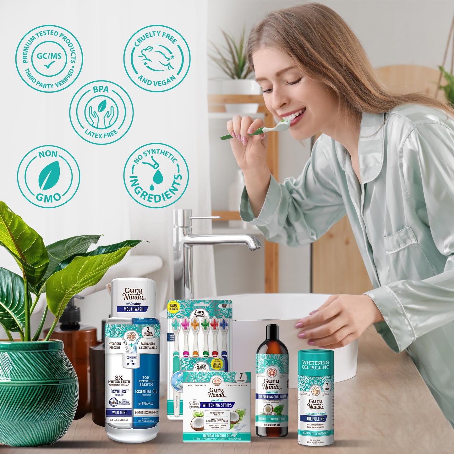 GuruNanda Total Smile Makeover Kit Regular with Cocomint Oil Pulling, Dual Barrel Whitening Mouthwash, Whitening Strips & Butter on Gums Toothbrushes