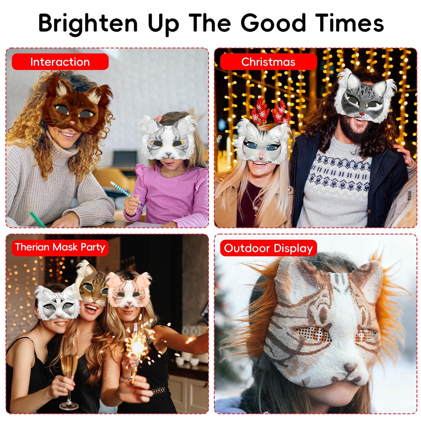44 PCS Therian Mask Kit Halloween Cat Masks Arts Crafts Kit DIY Furry Masks to Paint Therian Tail Mask Making Kit with Halloween Stickers Gems Stickers Felt Fabric Sheet Fur Eye Mesh