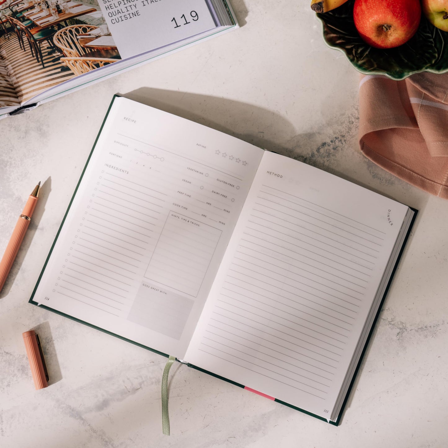 Papier Al Fresco Recipe Journal - Hardback | Blank Space To Plan Breakfast, Lunch, Dinner, Dessert | Foodie Gift | Write Your Own Recipes, Note Ingredients & Tips | Includes Size & Temperature Chart