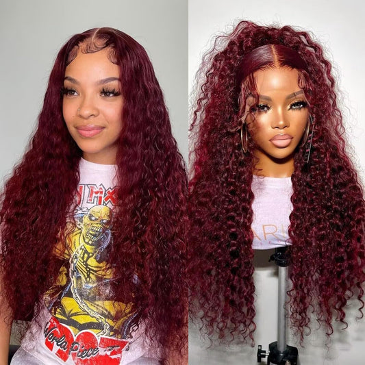 99j Burgundy 13x5 Deep Wave HD Lace Front Wigs Human Hair Pre Plucked Colored Curly Human Hair Wig Glueless Deep Curly Lace Frontal Wigs Red Human Hair Wigs for Women 180% Density （26 Inch）