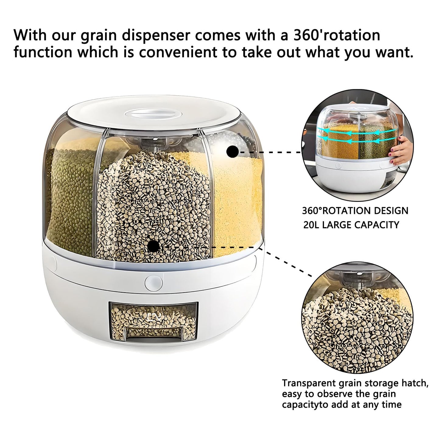 Wnnideo Rotating Grain Storage Bin 6 Grids Rice Container One-Click Output Large Capacity Food Dispenser For Rice Grains Sealed Moisture Proof Organizer (Large) (Grey, Large)