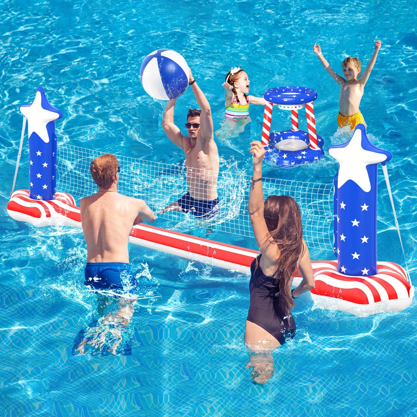 Inflatable Pool Volleyball Net Basketball Hoop 120 Inch Large PVC Pool Volleyball Court Toys Set with 2 Balls and 2 Weight Bags Summer Water Floats