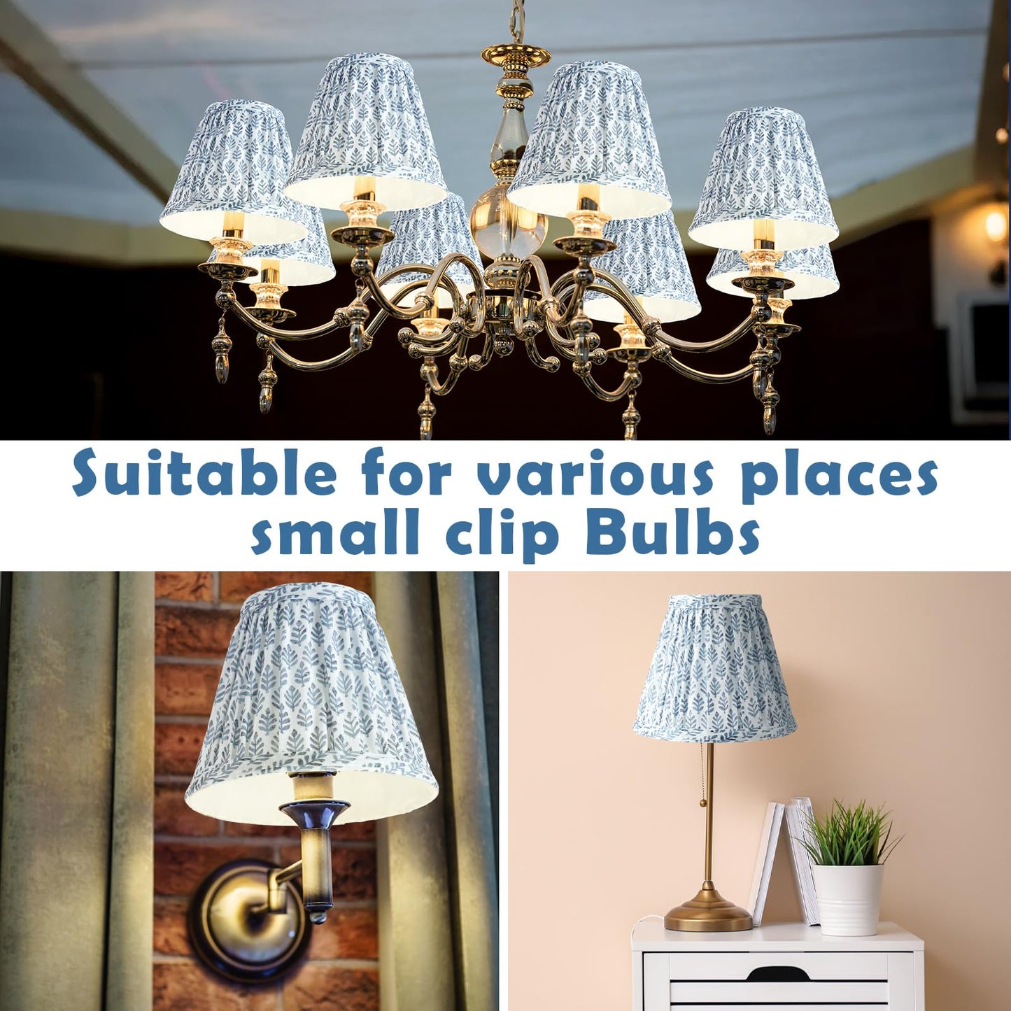 VIHOSE 6 Pcs Pleated Chandelier Lamp Shades 3" Top x 5.5" Bottom x 4.7" Slant Small Lampshades Clip on Bulb Classic Pleated Style Bulb Covers for Wall Sconces Pendant Lighting (Blue Tree)