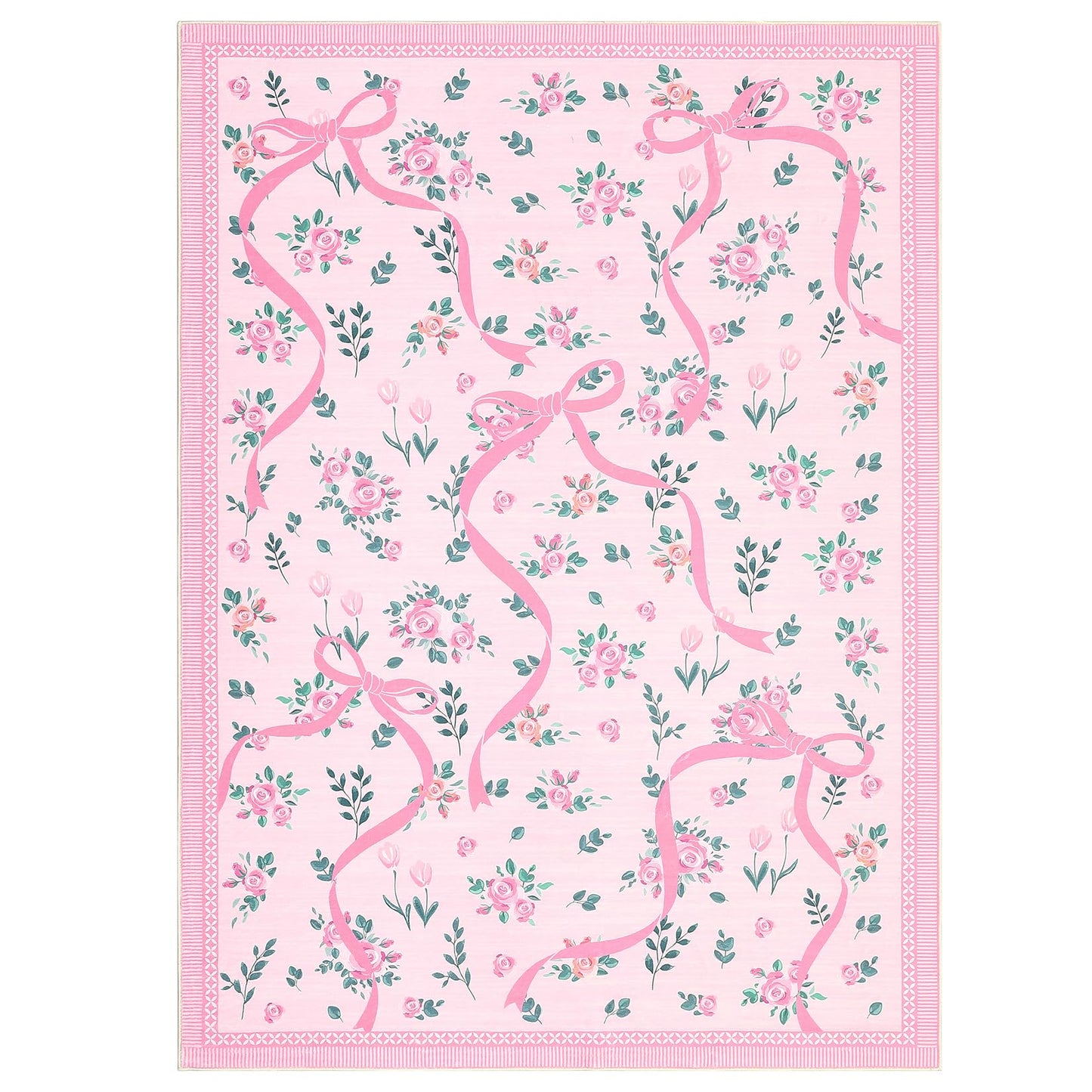 GarveeHome Coquette Pink Bow Rugs for Bedroom Girls, 5x7 Area Rugs for Living Room with Soft Low Pile, Non Slip Floral Washable Rug 5x7 for Nursery Kids Playroom Dining Room College Dorm Girl Rug